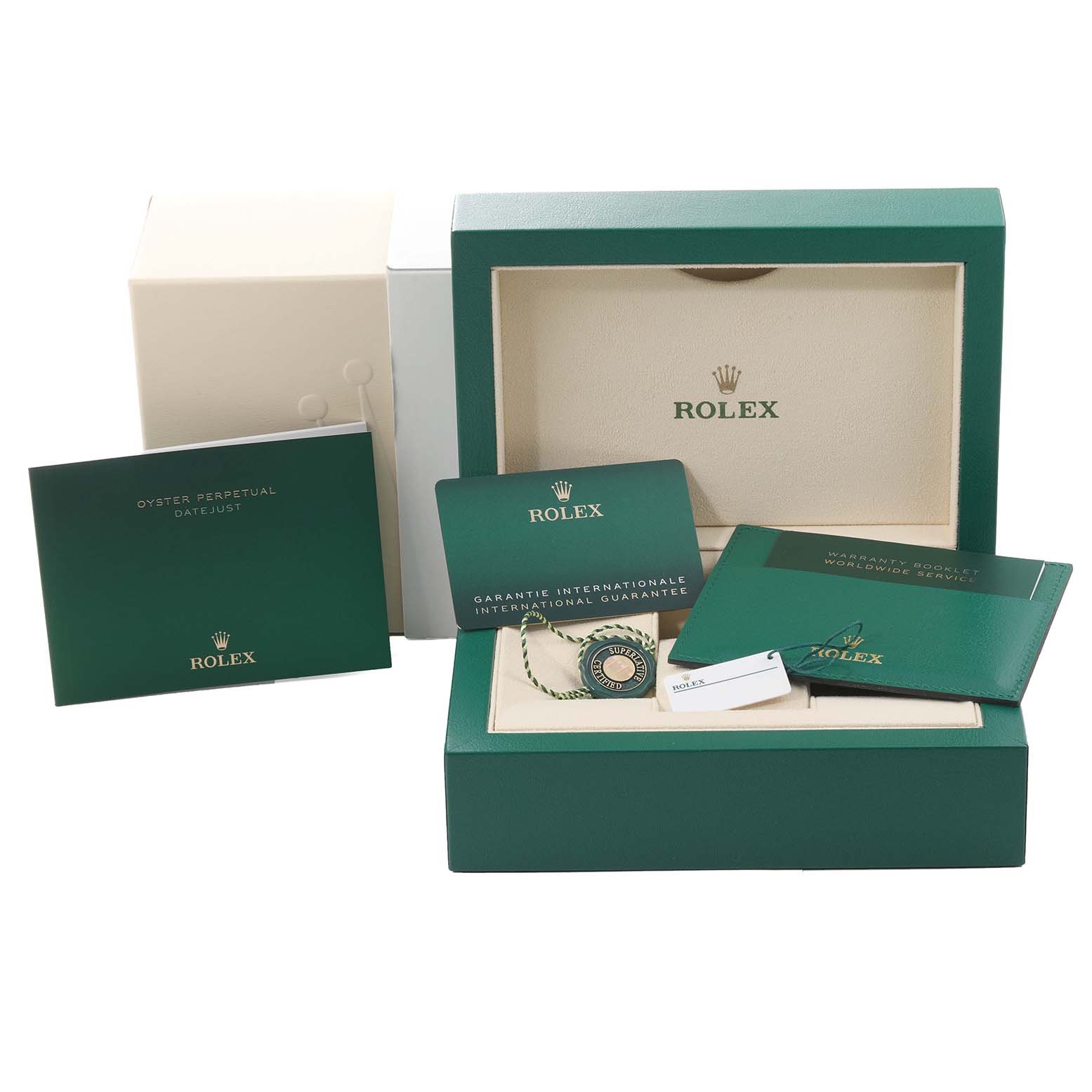 The image shows a Rolex Datejust 126281 Men's Steel and Gold (two tone) Mother of Pearl Dial 126281 Men's Steel and Gold (two tone) Mother of Pearl Dial watch box, international guarantee card, booklet, and accessories from a front angle.