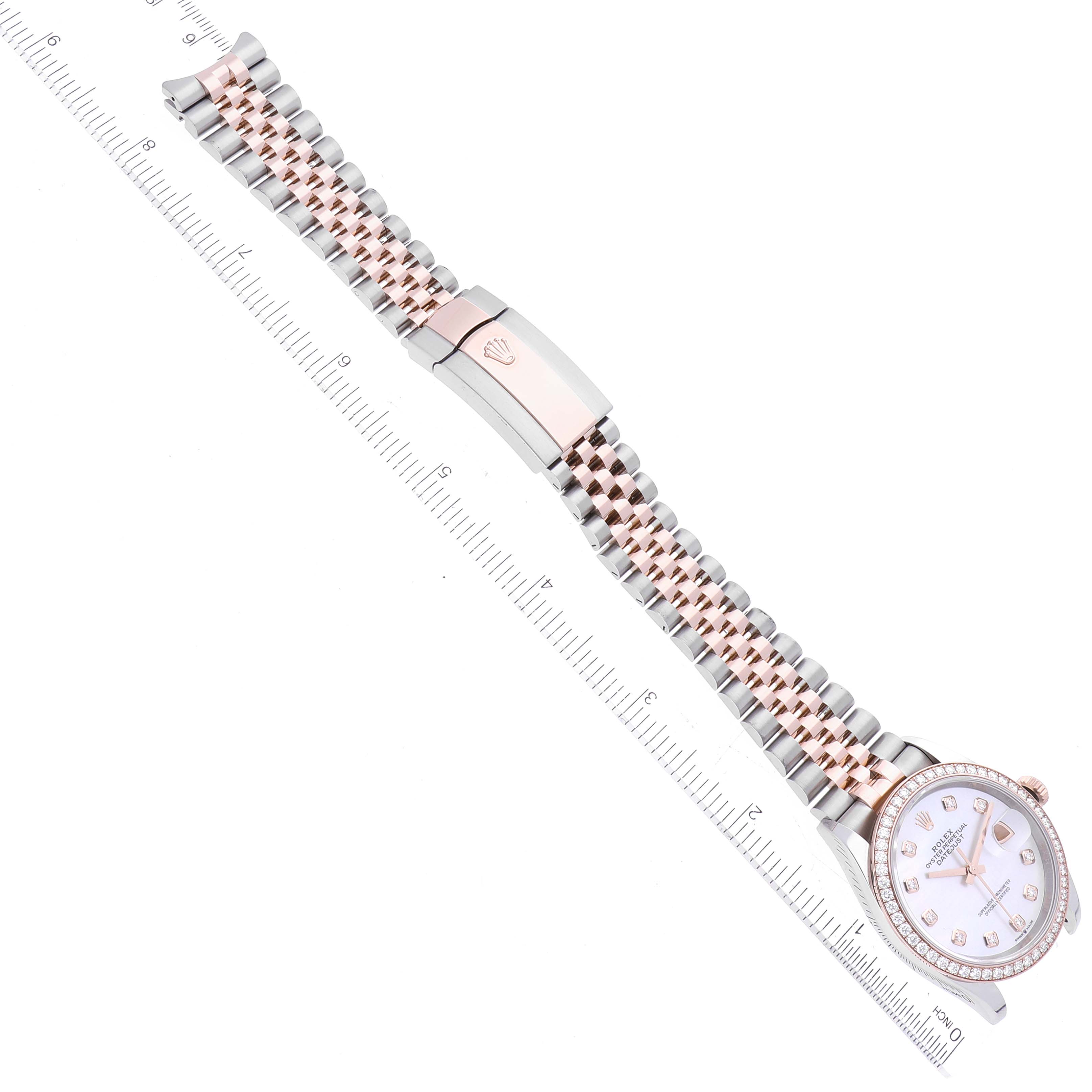 The Rolex Datejust 126281 Men's Steel and Gold (two tone) Mother of Pearl Dial 126281 Men's Steel and Gold (two tone) Mother of Pearl Dial watch is shown from a top view, detailing the watch face, bezel, and bracelet with clasp.