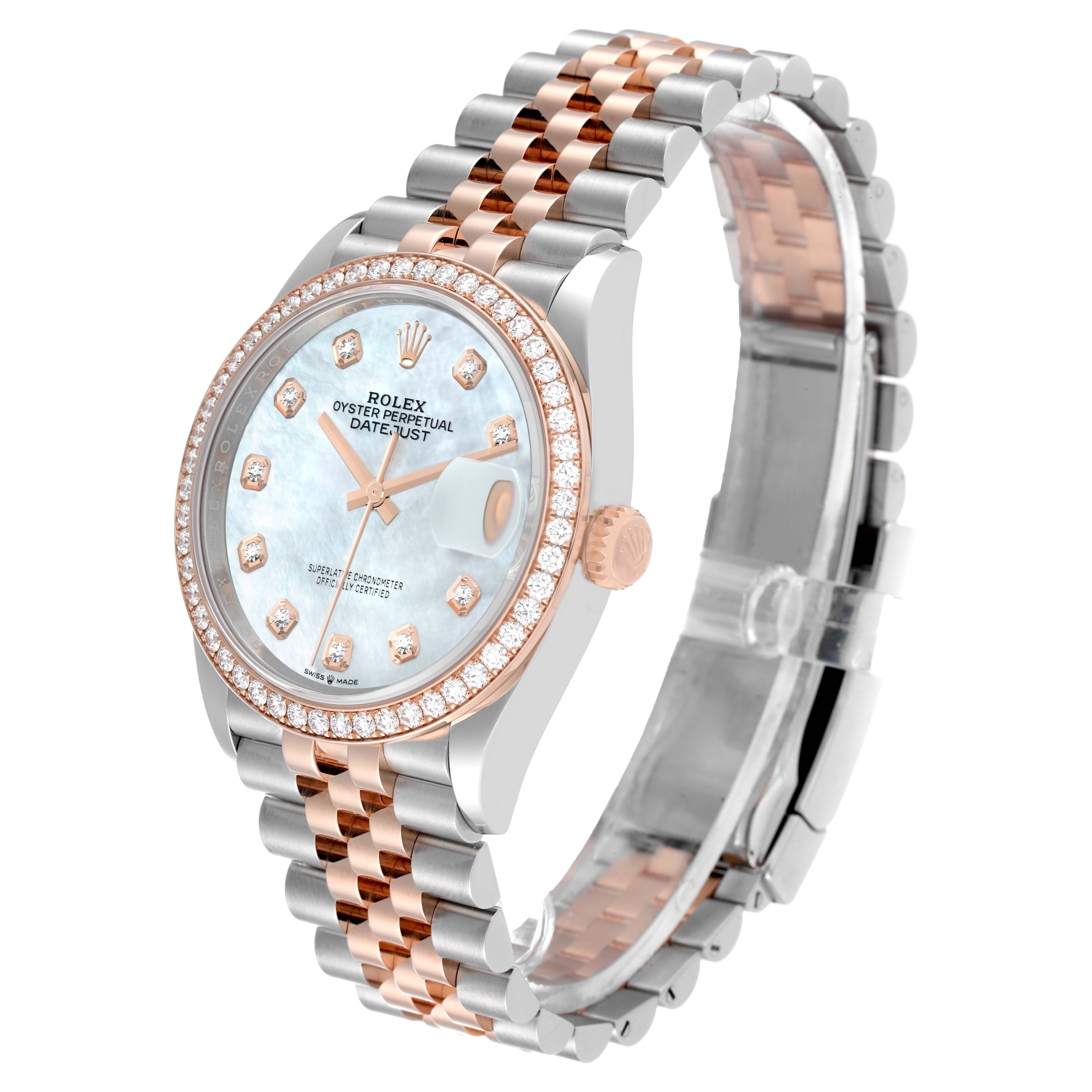 This image shows a Rolex Datejust 126281 Men's Steel and Gold (two tone) Mother of Pearl Dial 126281 Men's Steel and Gold (two tone) Mother of Pearl Dial watch from an oblique angle, showcasing its face, bezel, crown, and bracelet.