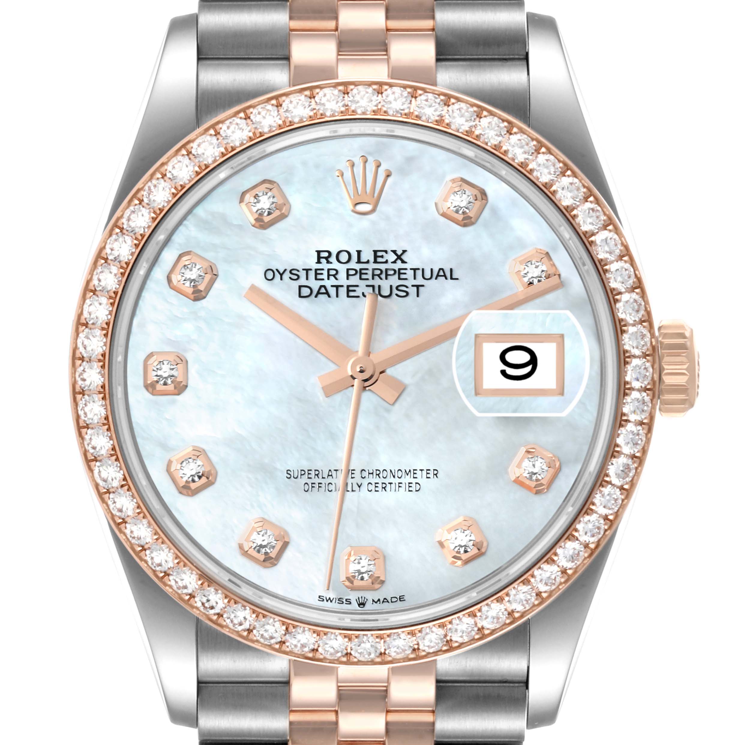 The image shows a frontal view of a Rolex Datejust 126281 Men's Steel and Gold (two tone) Mother of Pearl Dial 126281 Men's Steel and Gold (two tone) Mother of Pearl Dial watch, highlighting its face, bezel, and part of the bracelet.