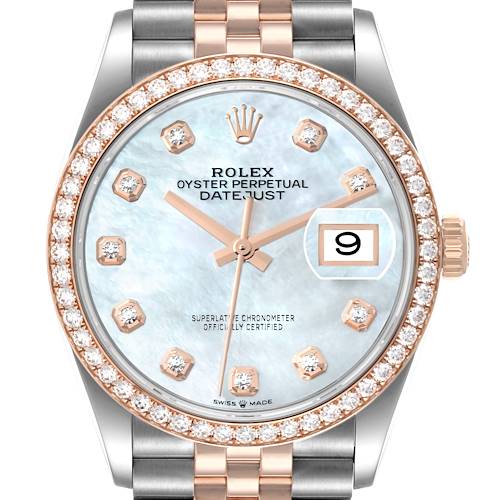 Photo of Rolex Datejust 36 Steel Rose Gold Mother of Pearl Diamond Mens Watch 126281 Box Card
