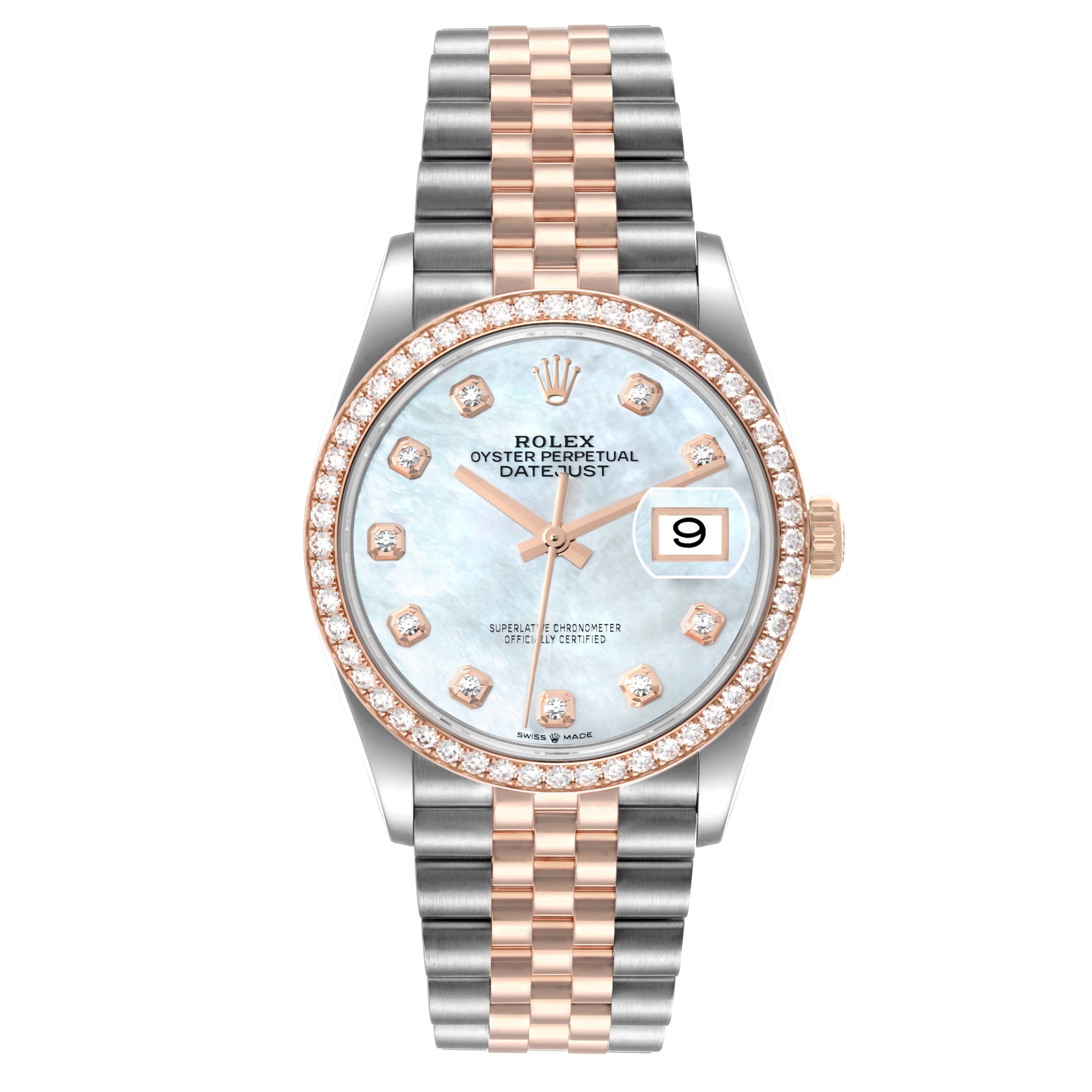 This image shows a frontal view of a Rolex Datejust 126281 Men's Steel and Gold (two tone) Mother of Pearl Dial 126281 Men's Steel and Gold (two tone) Mother of Pearl Dial watch, highlighting its dial, bezel, hands, and bracelet.