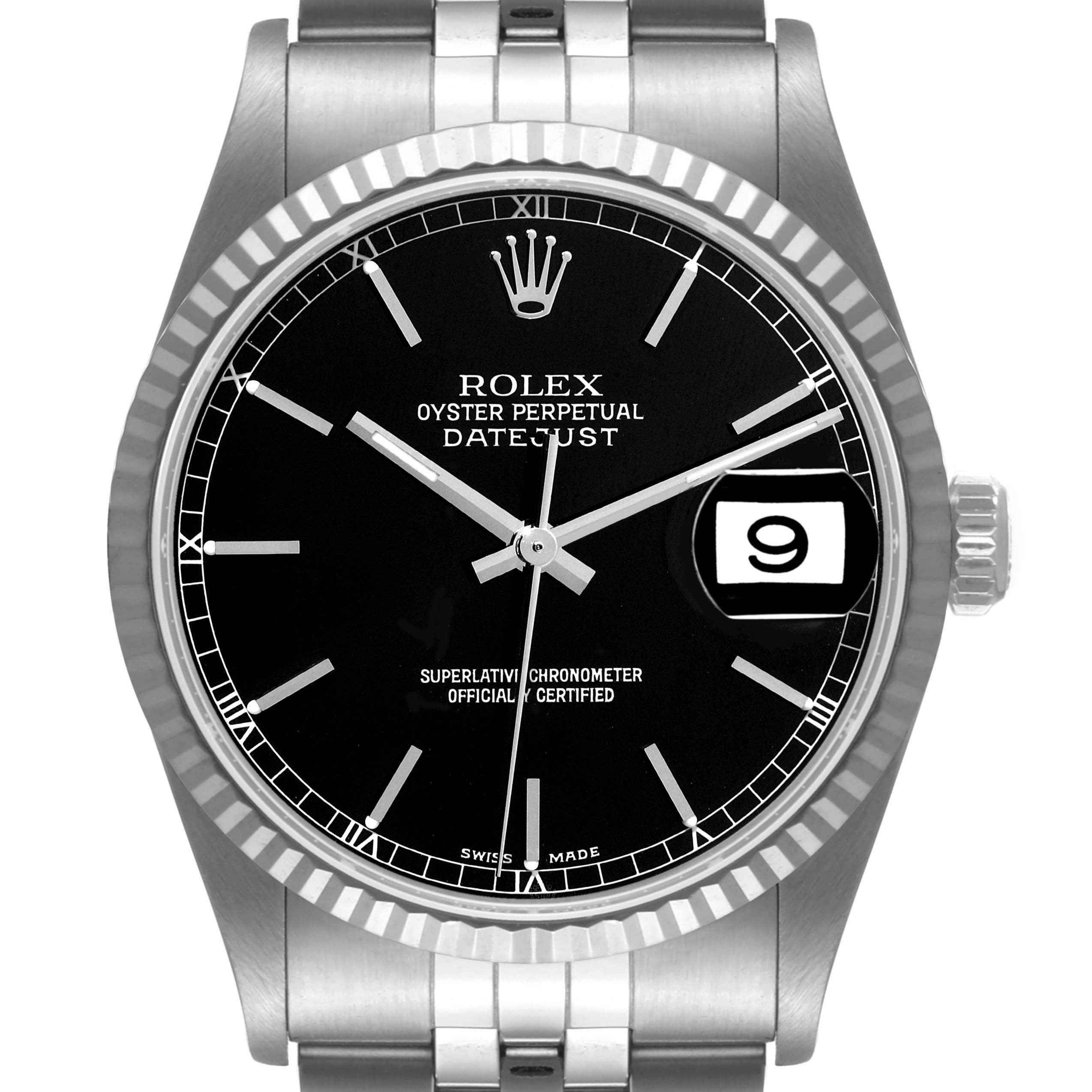 This image shows a front view of a Rolex Datejust 16234 Men's Stainless Steel Black Dial 16234 Men's Stainless Steel Black Dial watch, highlighting the dial, bezel, and part of the bracelet.