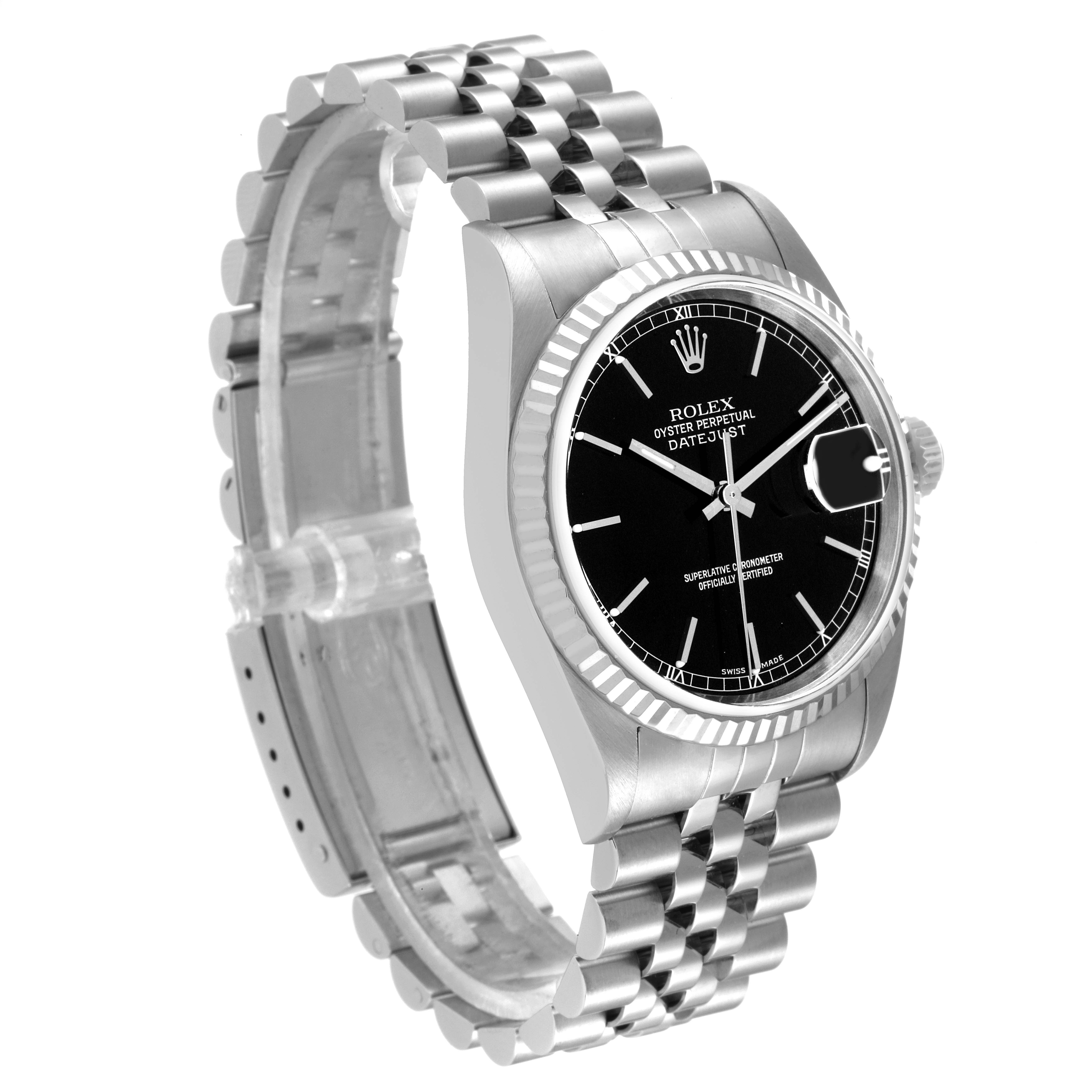 The image shows a side view of a Rolex Datejust 16234 Men's Stainless Steel Black Dial 16234 Men's Stainless Steel Black Dial watch, highlighting the case, dial, and bracelet.