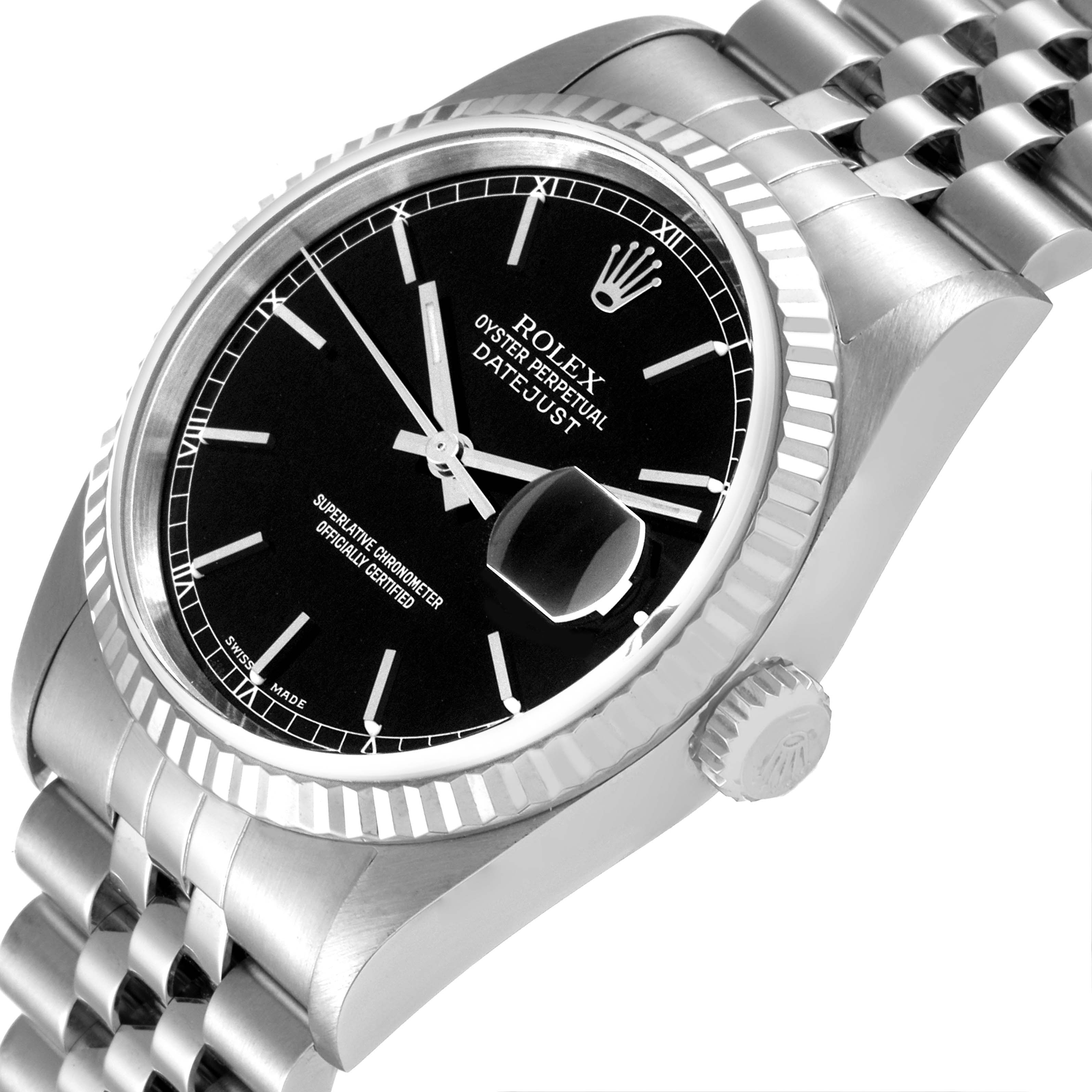This image shows a close-up view of the Rolex Datejust 16234 Men's Stainless Steel Black Dial 16234 Men's Stainless Steel Black Dial watch, highlighting its face, bezel, crown, and part of the bracelet.