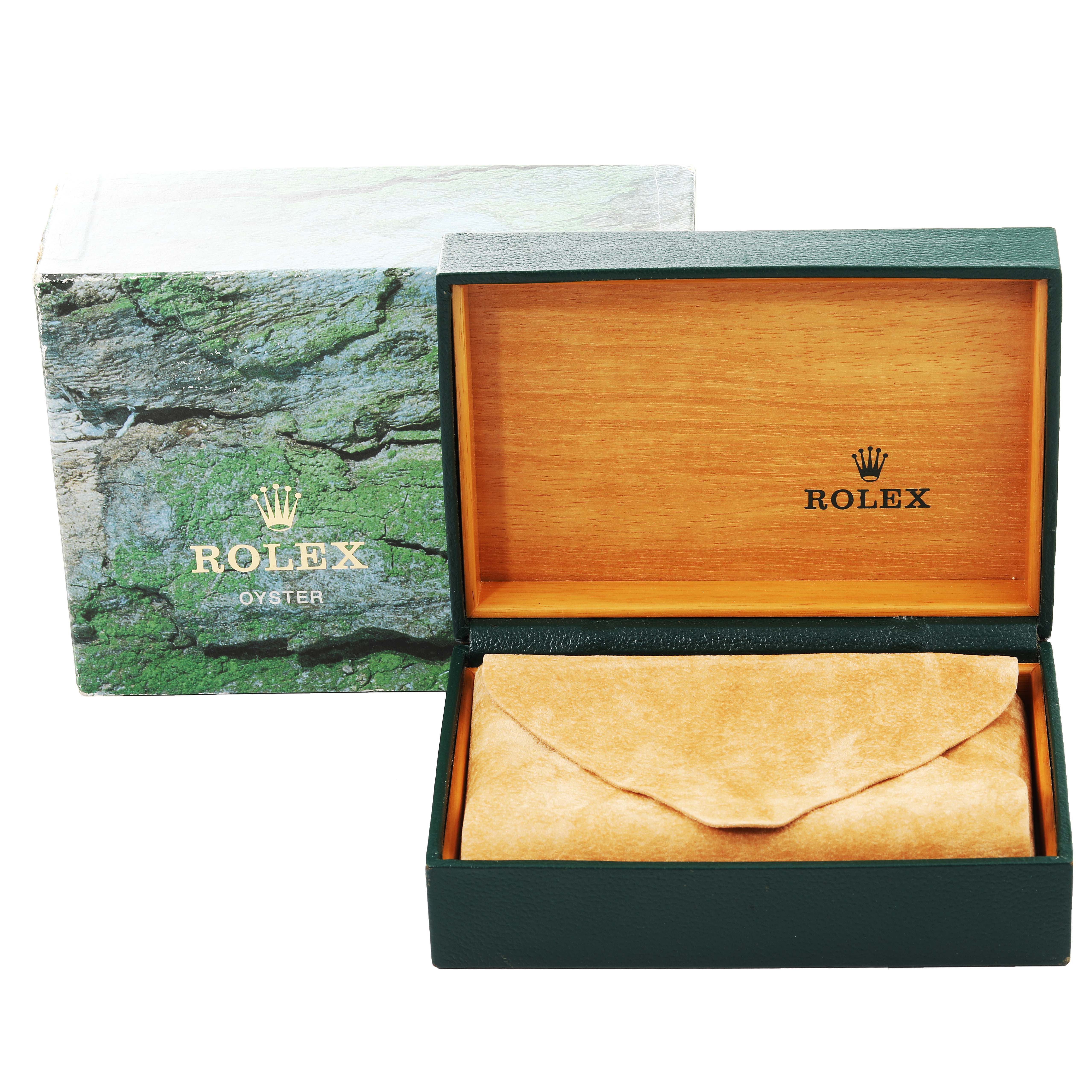 The image shows the open packaging box and case for the Rolex Datejust 16234 Men's Stainless Steel Black Dial 16234 Men's Stainless Steel Black Dial model watch.