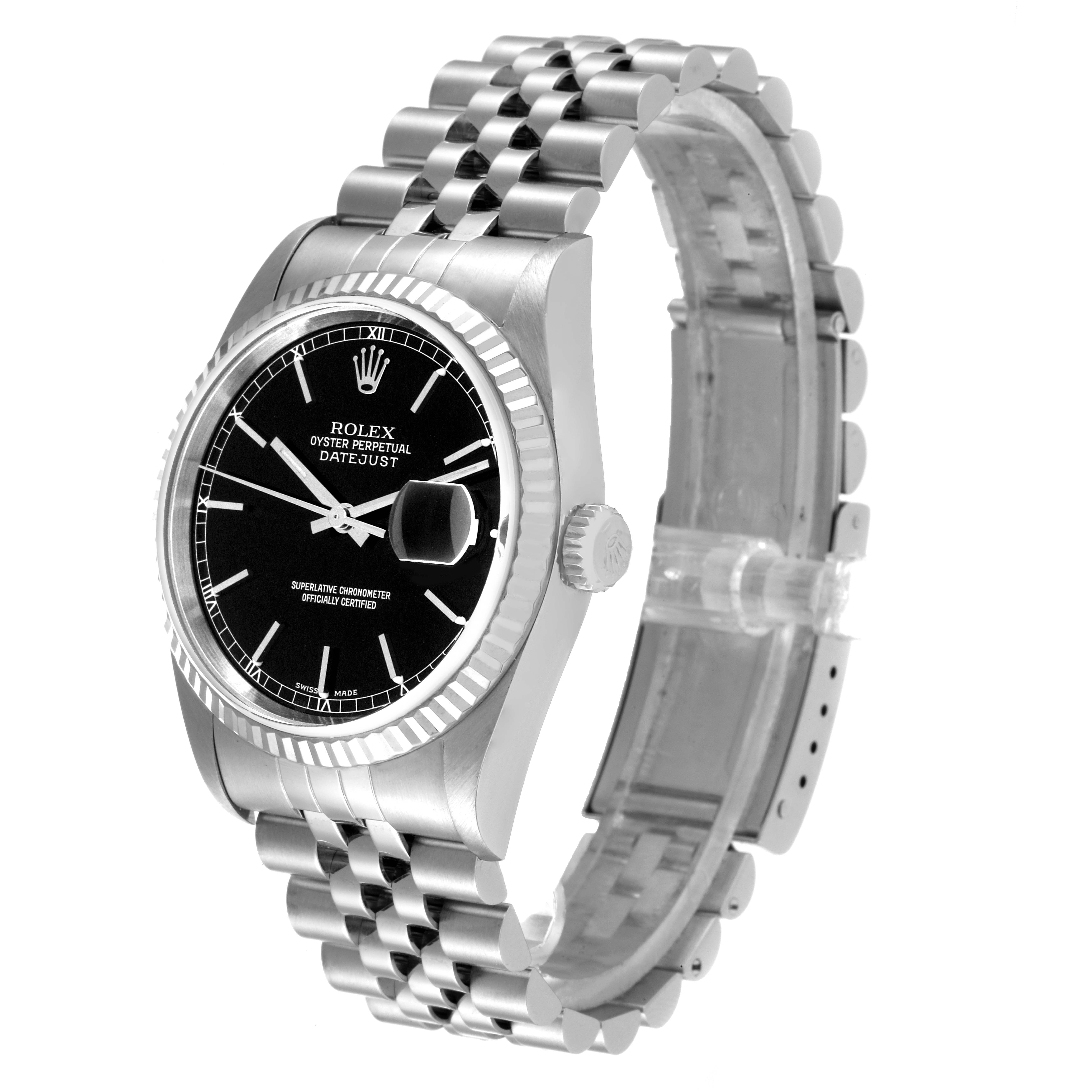 This image shows a Rolex Datejust 16234 Men's Stainless Steel Black Dial 16234 Men's Stainless Steel Black Dial watch at a three-quarter angle, highlighting the face, bezel, crown, and Jubilee bracelet.