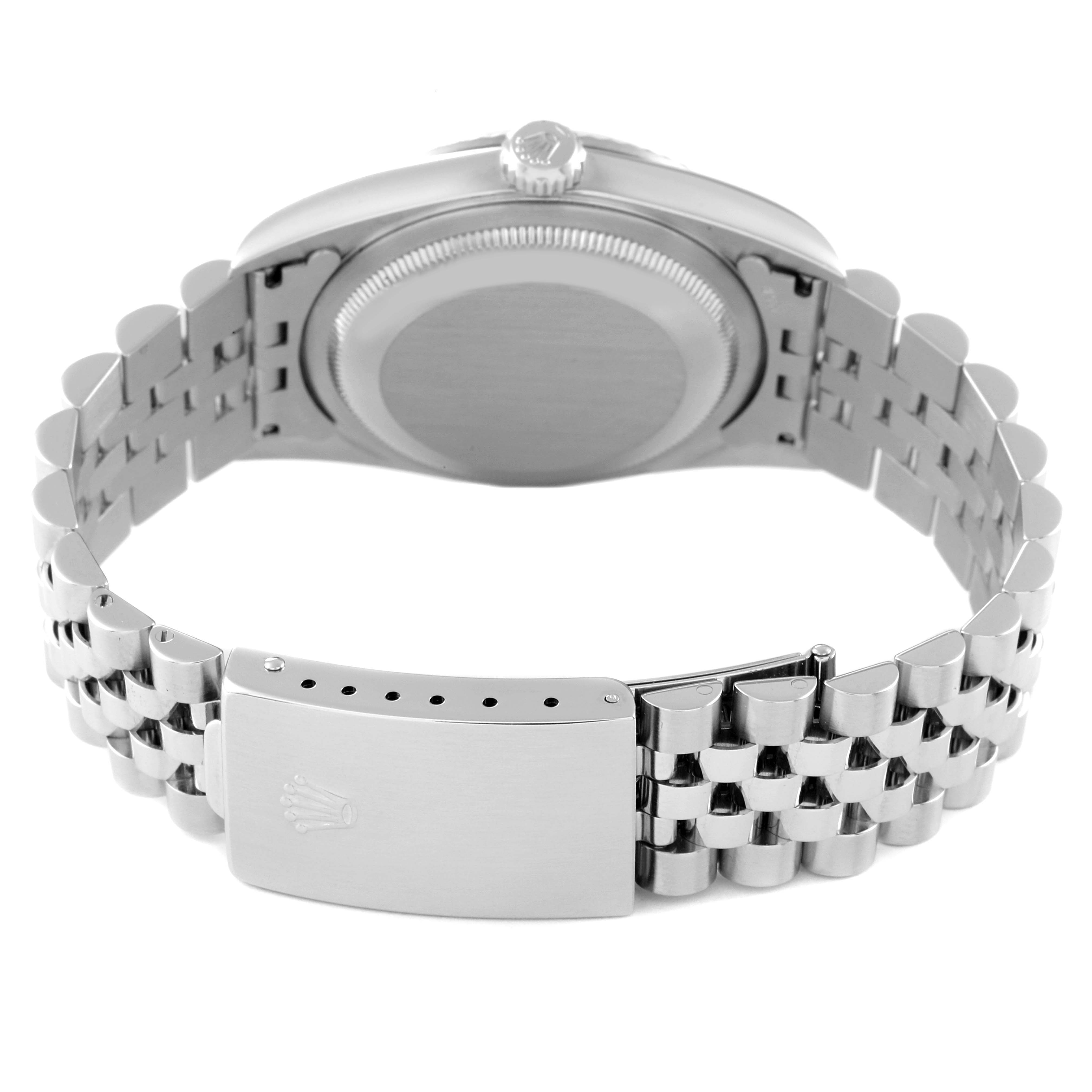 This image shows the back of a Rolex Datejust 16234 Men's Stainless Steel Black Dial 16234 Men's Stainless Steel Black Dial watch, highlighting the clasp, bracelet, and case back.