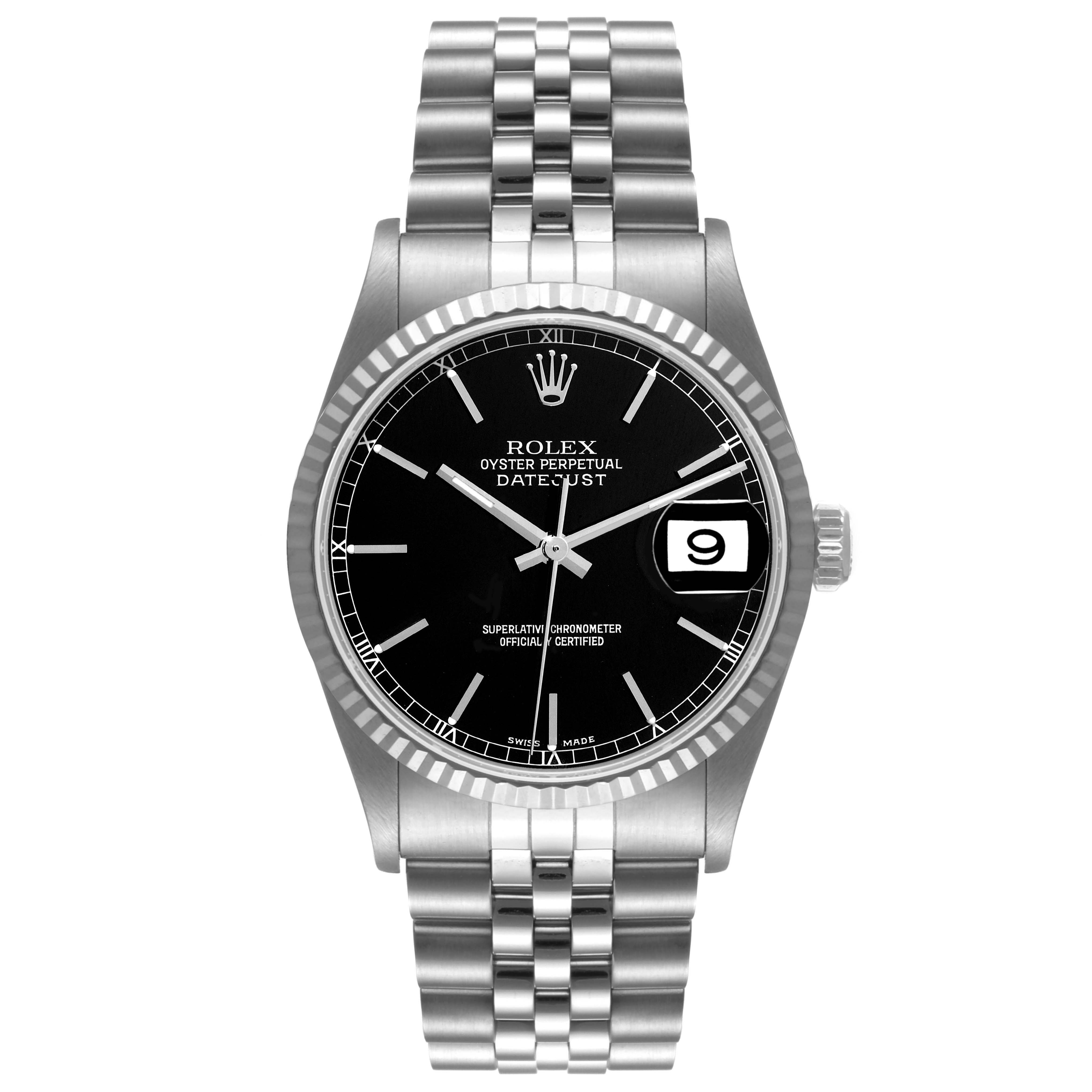 The image shows a frontal view of the Rolex Datejust 16234 Men's Stainless Steel Black Dial 16234 Men's Stainless Steel Black Dial, displaying the dial, bezel, bracelet, and date window.