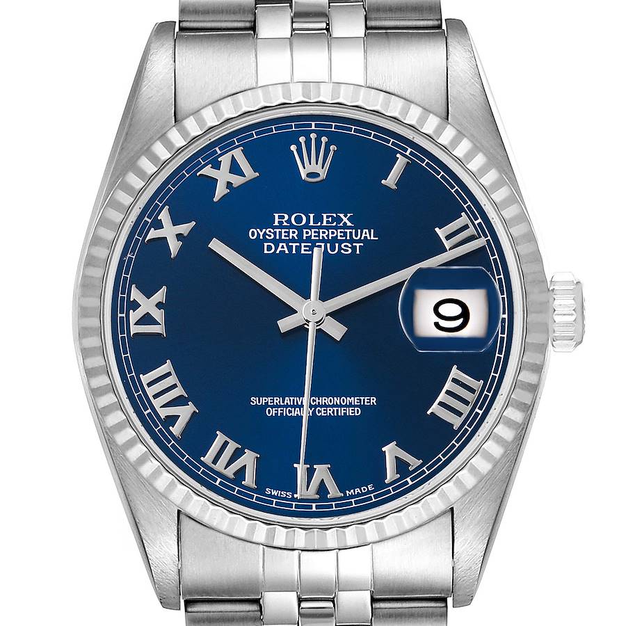 The image shows a front view of the Rolex Datejust watch with a blue dial, roman numerals, and a date window at 3 o'clock.