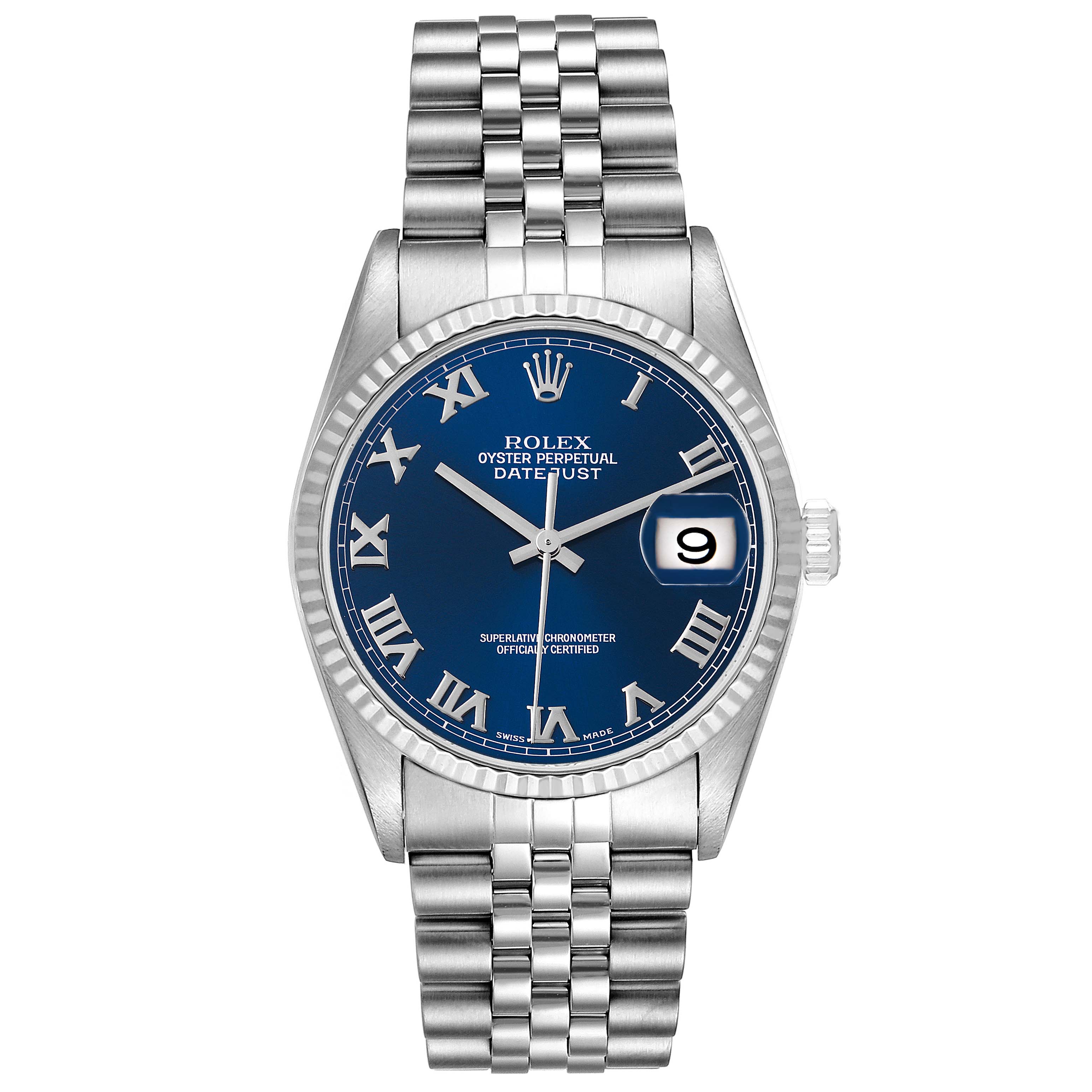 This is a front view of a Rolex Datejust 16234 Men's Stainless Steel Blue Dial 16234 Men's Stainless Steel Blue Dial watch showcasing the blue dial, Roman numerals, fluted bezel, and Jubilee bracelet.