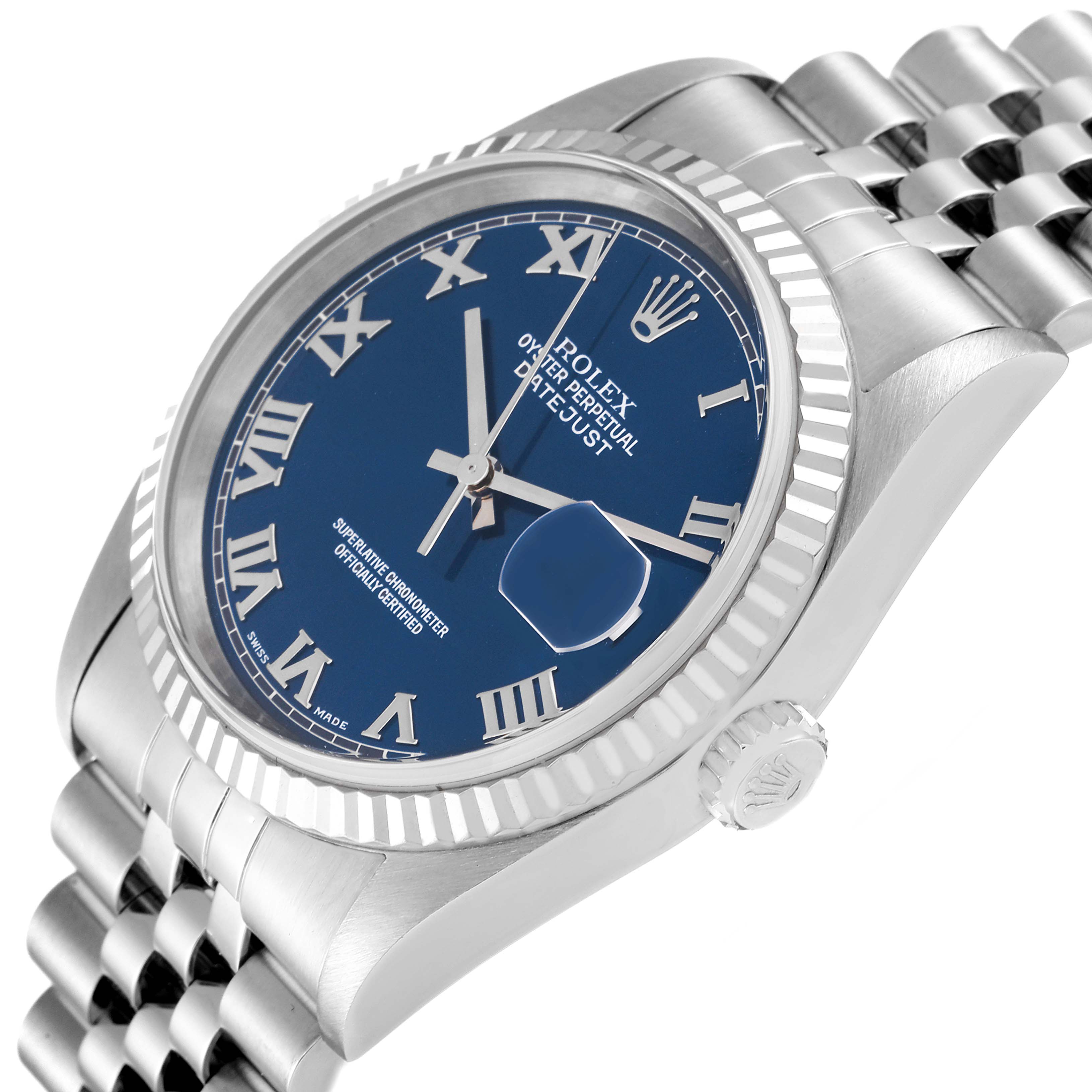 The image shows a Rolex Datejust 16234 Men's Stainless Steel Blue Dial 16234 Men's Stainless Steel Blue Dial watch at an angled view, highlighting the blue dial, fluted bezel, jubilee bracelet, and the Rolex crown.