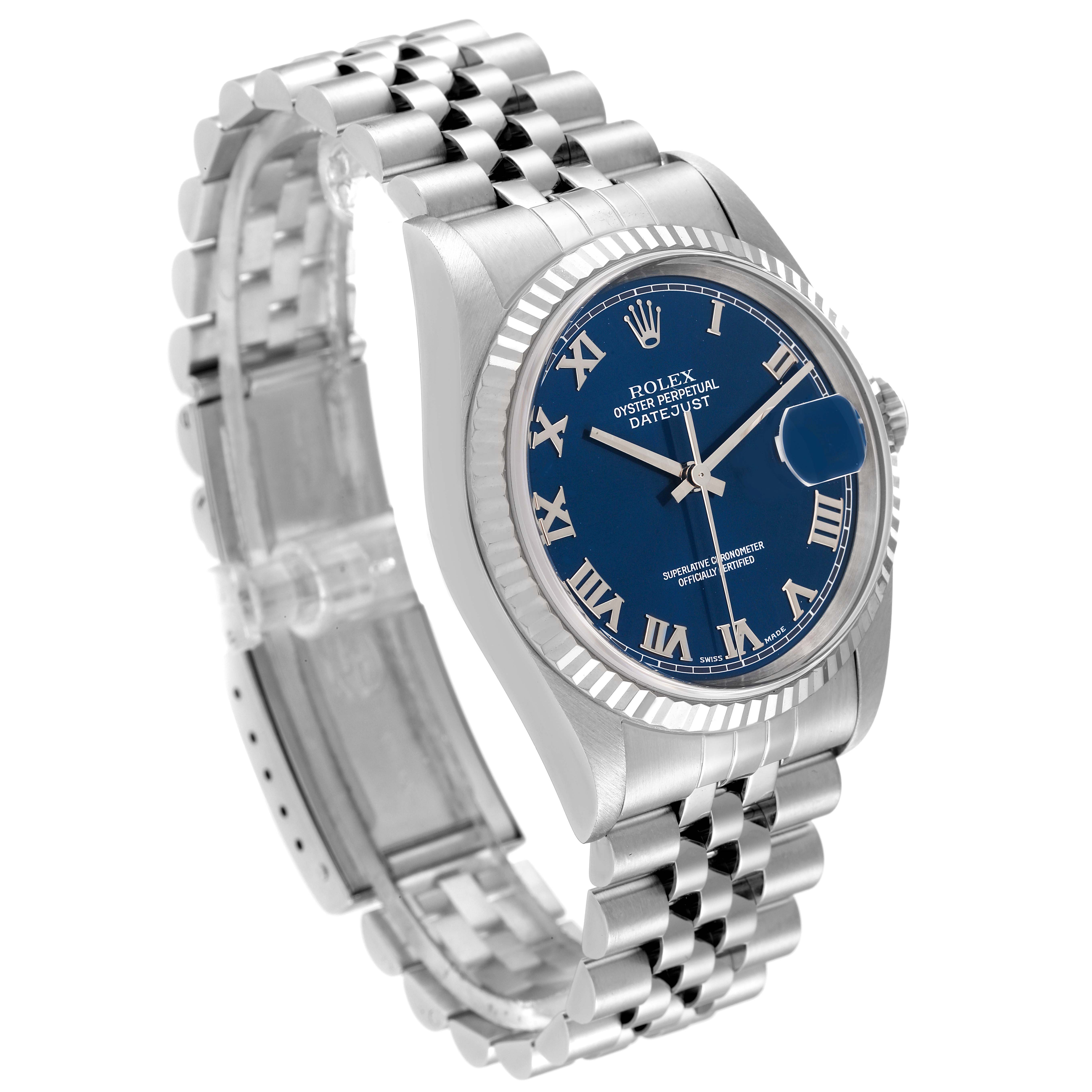 This image shows a Rolex Datejust 16234 Men's Stainless Steel Blue Dial 16234 Men's Stainless Steel Blue Dial watch angled to display the blue dial, fluted bezel, and Jubilee bracelet.