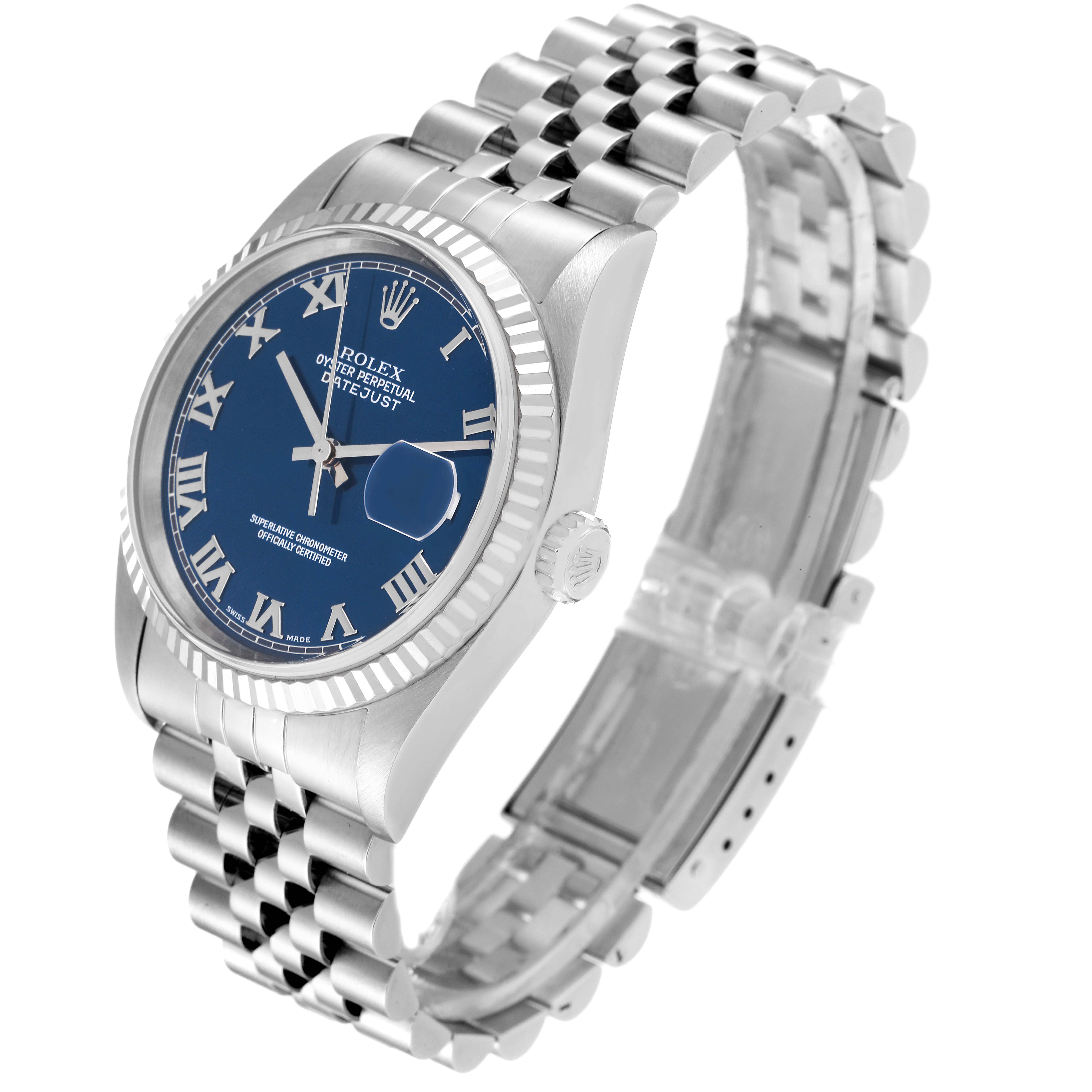 The image shows a side angle view of a Rolex Datejust 16234 Men's Stainless Steel Blue Dial 16234 Men's Stainless Steel Blue Dial watch highlighting the face, bezel, crown, and metal bracelet.