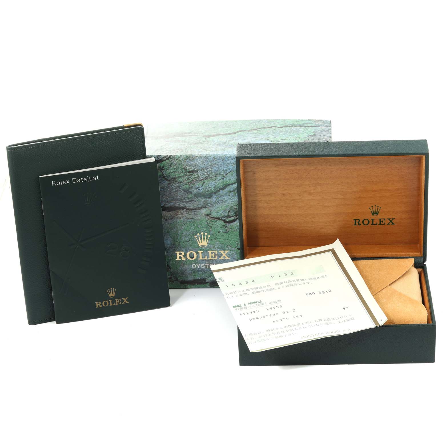 The image shows the Rolex Datejust 16234 Men's Stainless Steel Blue Dial 16234 Men's Stainless Steel Blue Dial accessories including the watch box, instruction manual, and warranty card.