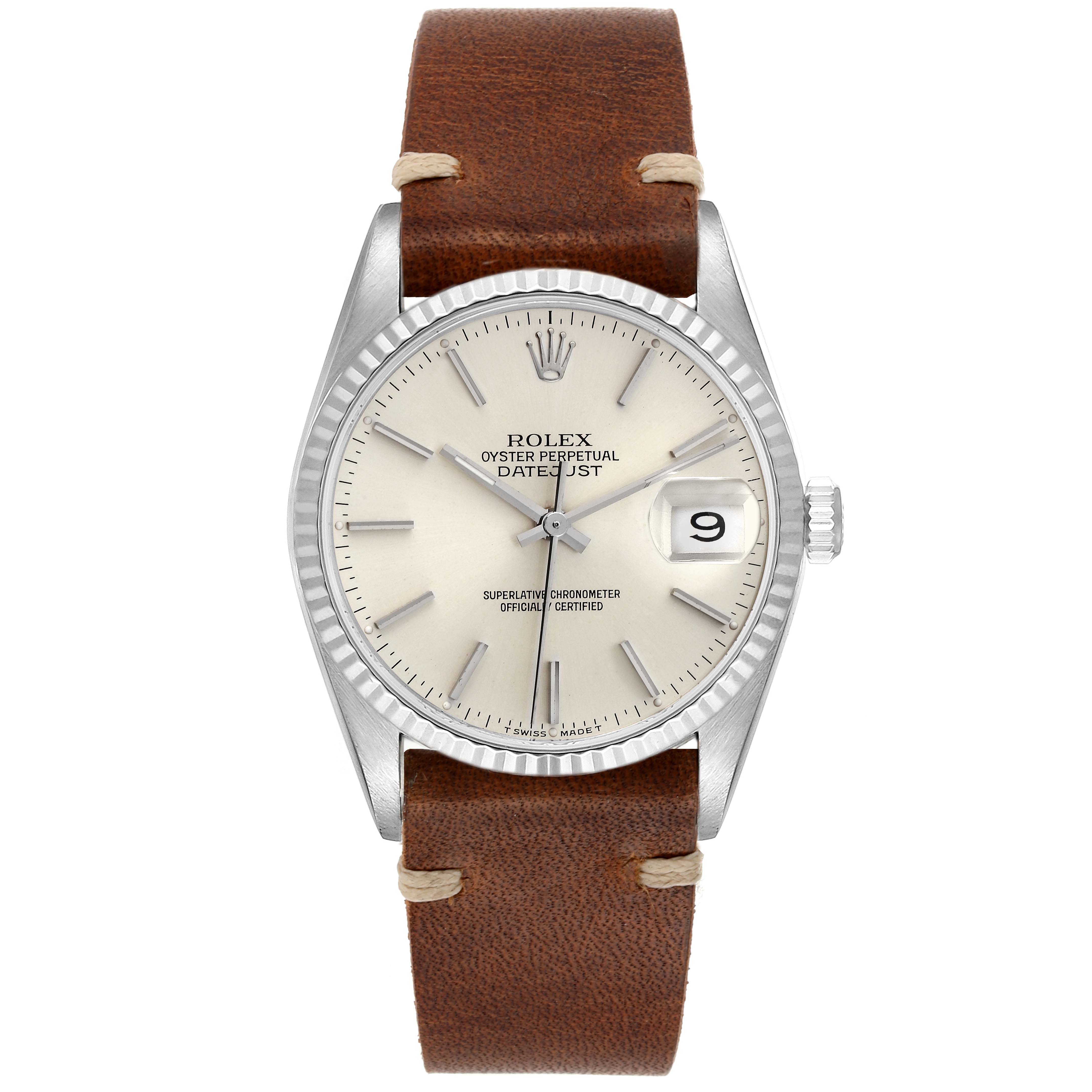 This image shows a frontal view of the Rolex Datejust 16234 Men's Stainless Steel Silver Dial 16234 Men's Stainless Steel Silver Dial watch, featuring its face, bezel, crown, and leather strap.