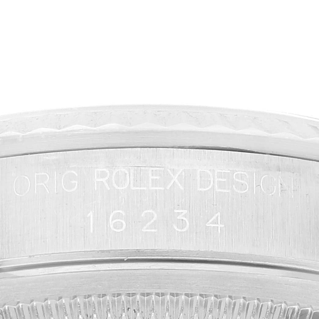 The image shows a close-up angle focusing on the engraved model number "16234" on the side of a Rolex Datejust 16234 Men's Stainless Steel Silver Dial 16234 Men's Stainless Steel Silver Dial watch.