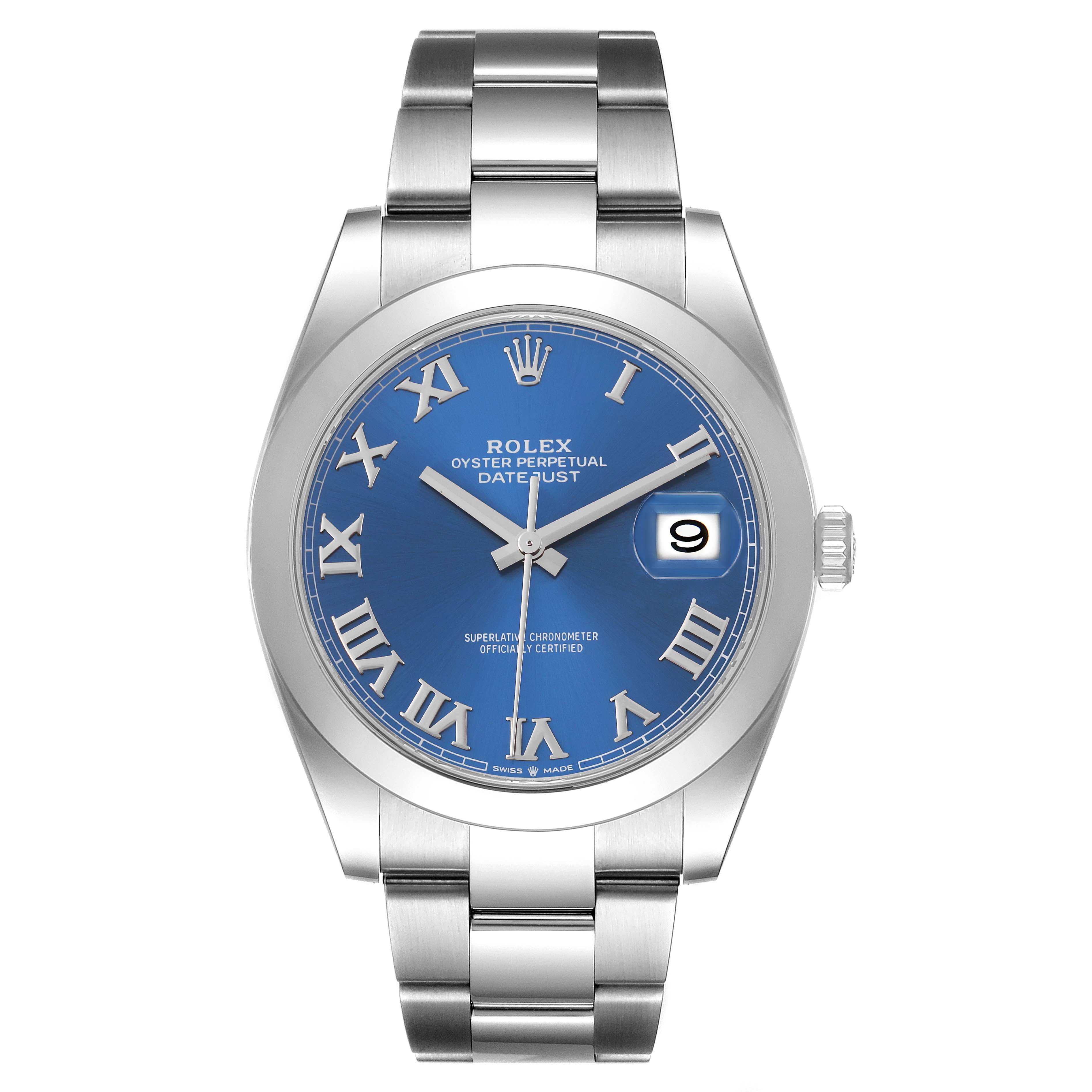 The image shows a front view of the Rolex Datejust 41 126300 Men's Stainless Steel Blue Dial 126300 Men's Stainless Steel Blue Dial, highlighting the blue dial, Roman numeral markers, and oyster bracelet.