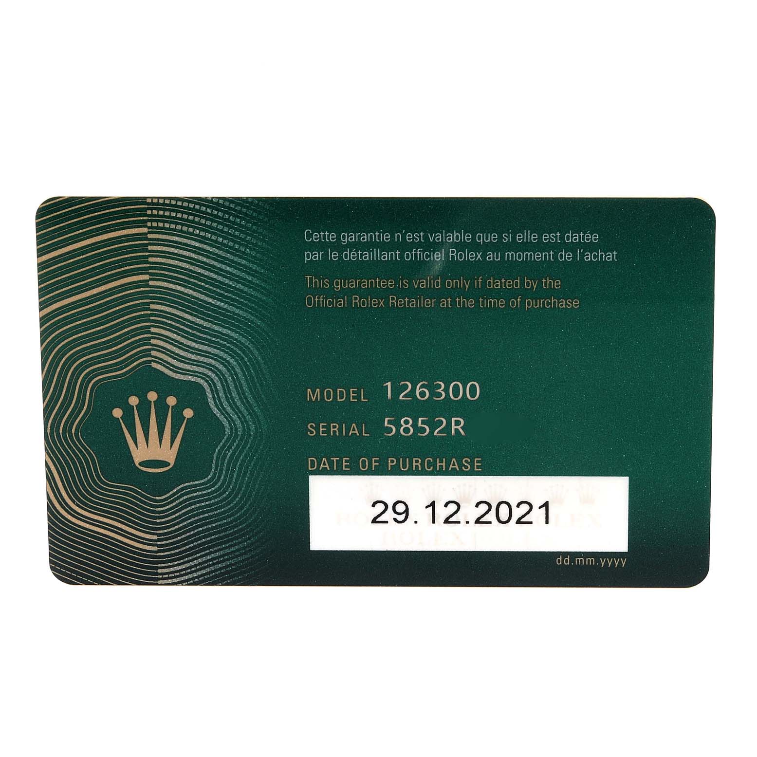 This image shows a guarantee card for the Rolex Datejust 41 126300 Men's Stainless Steel Blue Dial 126300 Men's Stainless Steel Blue Dial model, featuring the model number, serial number, and purchase date.