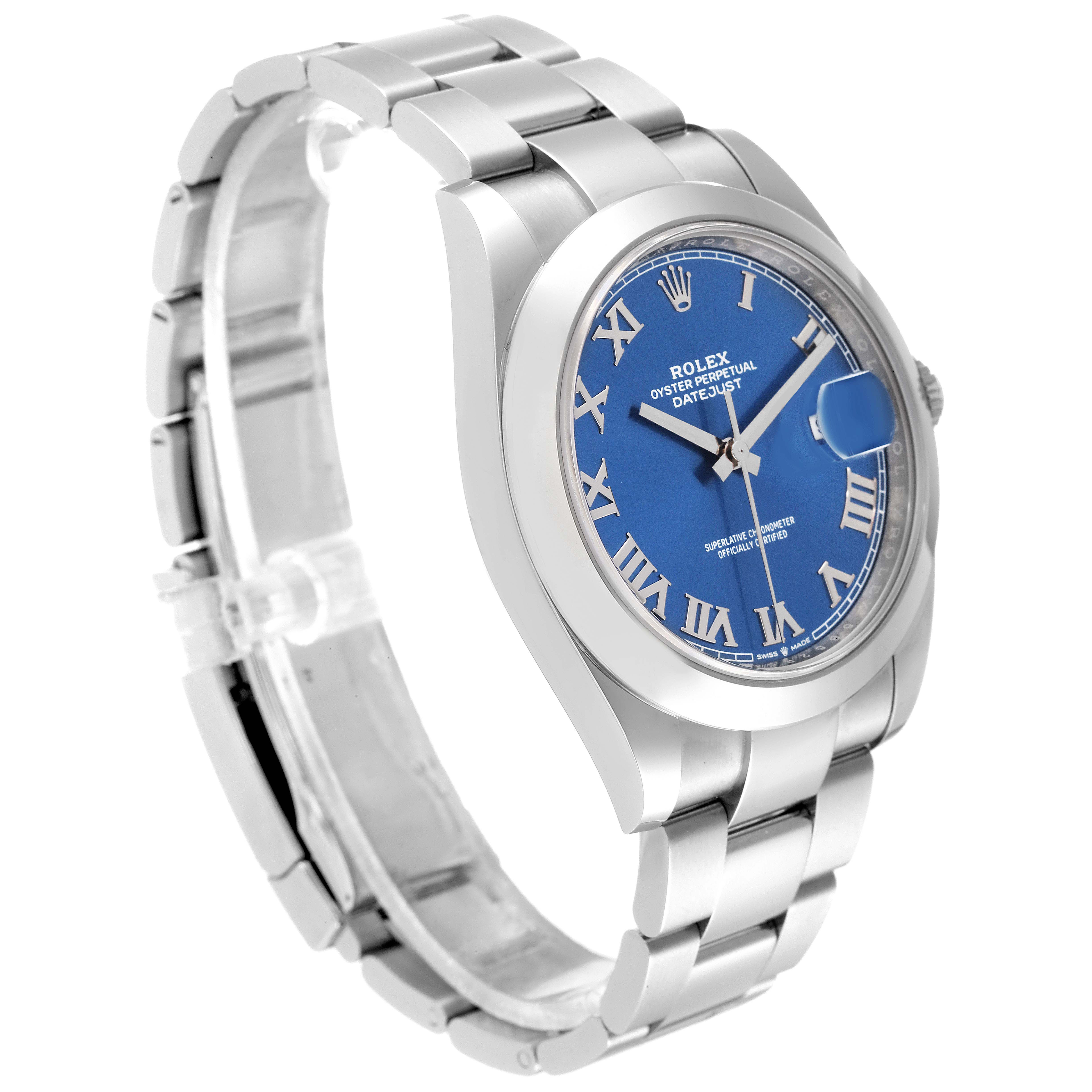 The Rolex Datejust 41 126300 Men's Stainless Steel Blue Dial 126300 Men's Stainless Steel Blue Dial watch is shown at an oblique angle, highlighting its blue dial, bracelet, and bezel.