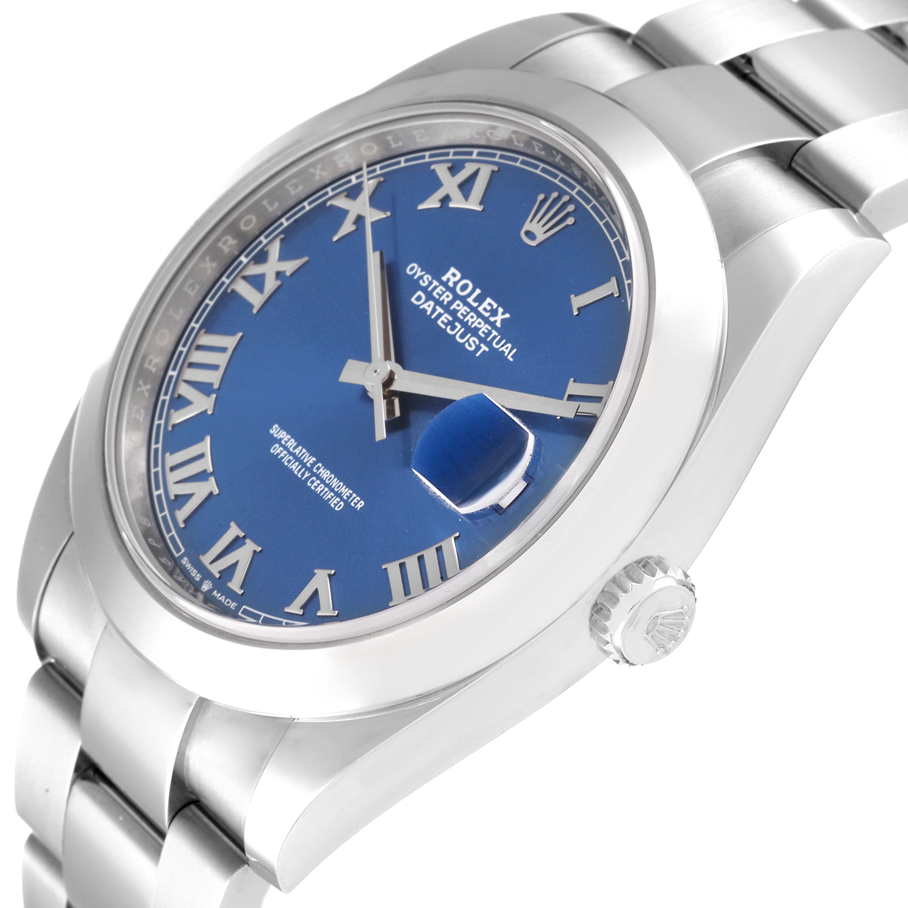This image shows a side view of a Rolex Datejust 41 126300 Men's Stainless Steel Blue Dial 126300 Men's Stainless Steel Blue Dial watch, highlighting the blue dial, Roman numerals, crown, and part of the bracelet.