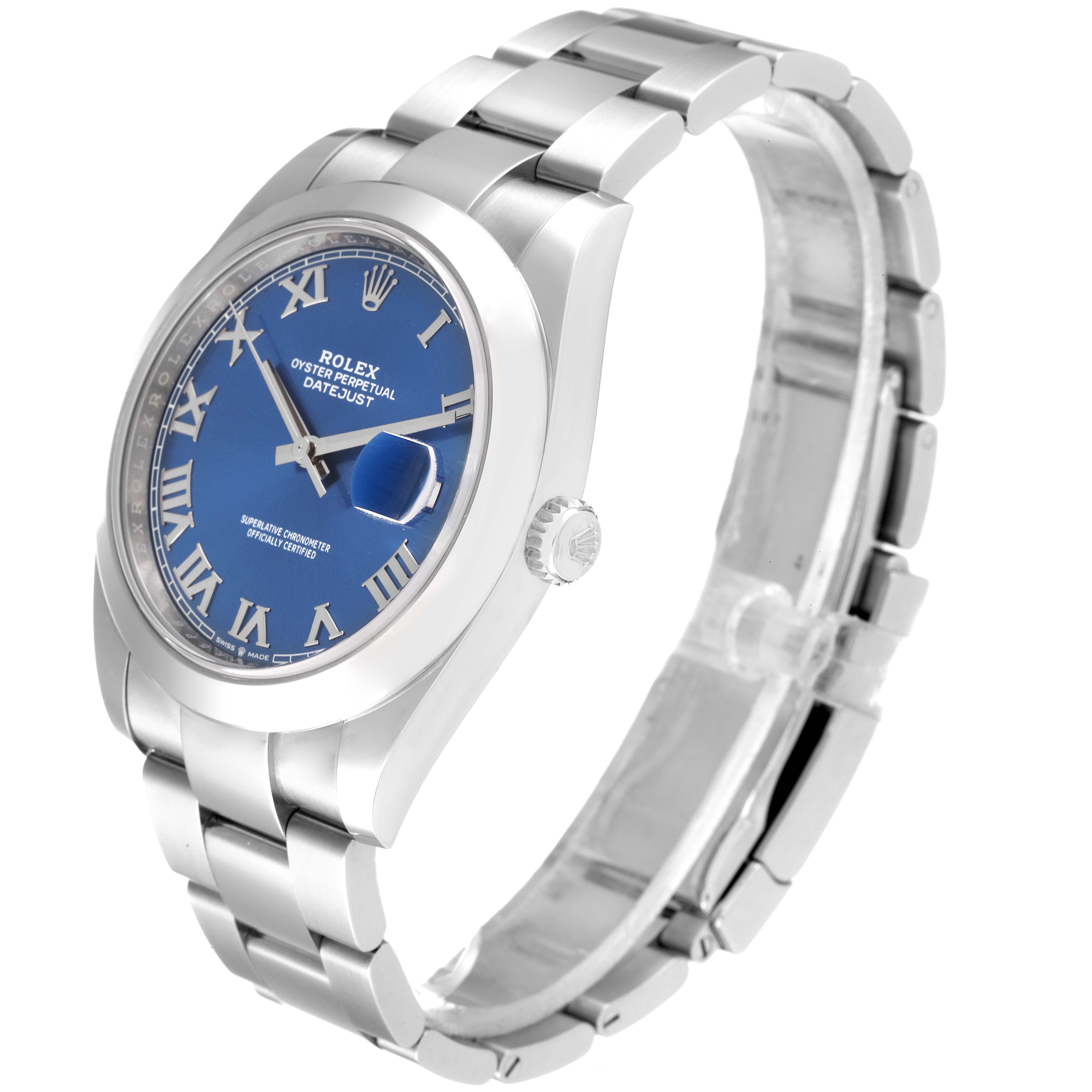 The image shows a Rolex Datejust 41 126300 Men's Stainless Steel Blue Dial 126300 Men's Stainless Steel Blue Dial watch at a slight angle, highlighting its blue dial, Roman numerals, and metal bracelet.