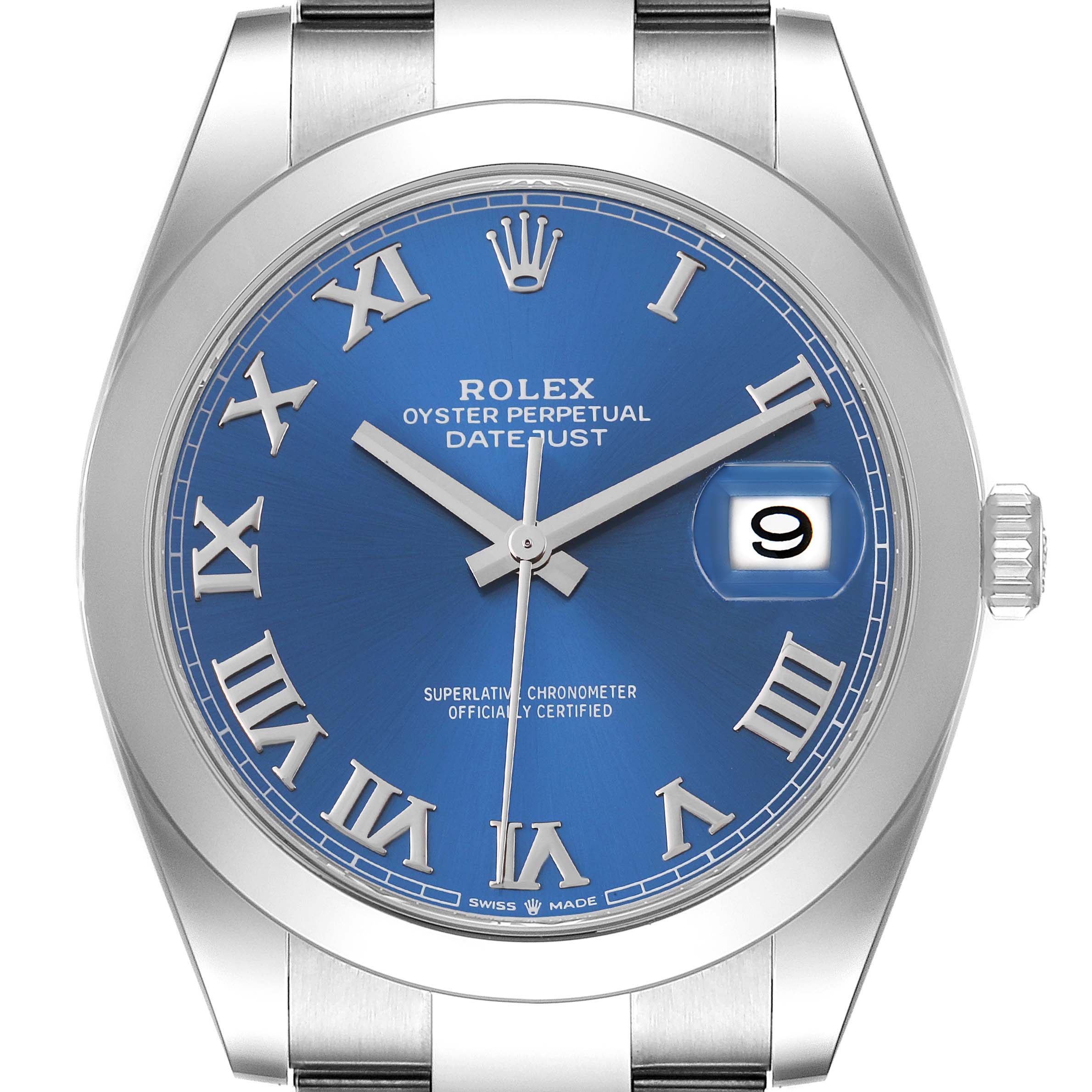 The image shows the face, bezel, and part of the bracelet and crown of the Rolex Datejust 41 126300 Men's Stainless Steel Blue Dial 126300 Men's Stainless Steel Blue Dial model.
