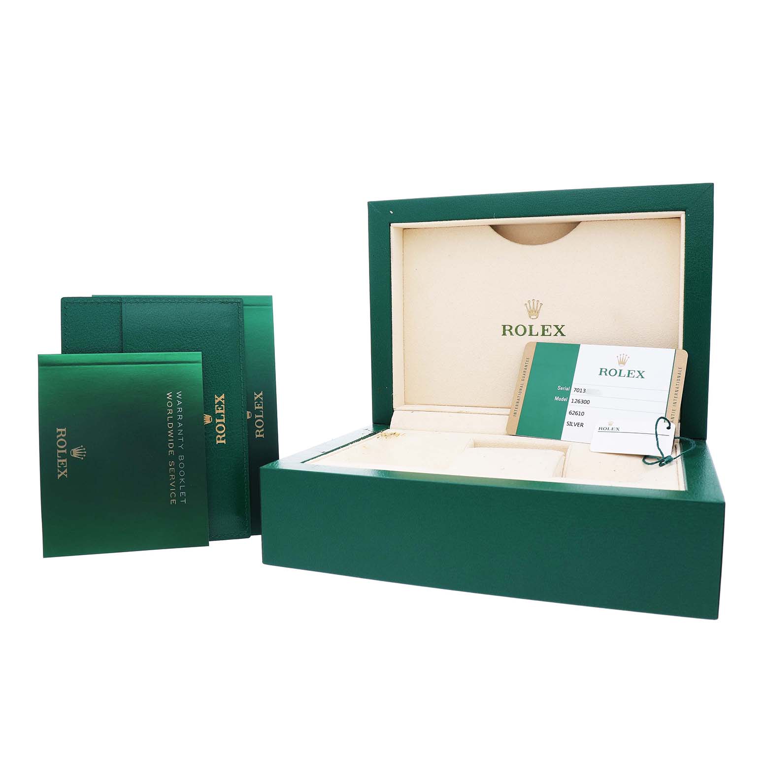The image shows a Rolex Datejust 41 126300 Men's Stainless Steel Grey Dial packaging with its open box, manuals, and a warranty card.