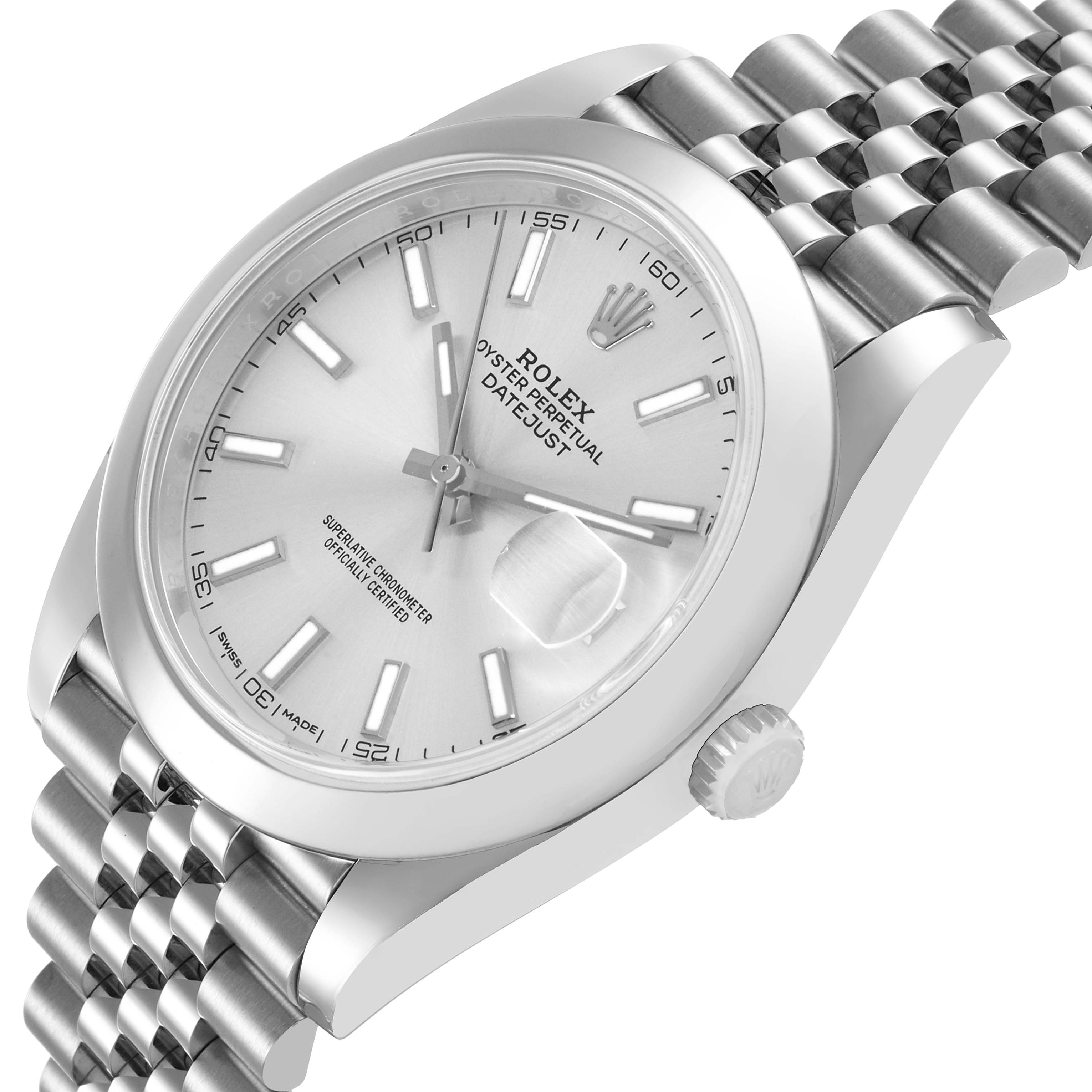 This angled view of the Rolex Datejust 41 126300 Men's Stainless Steel Grey Dial shows the face, bezel, crown, and part of the bracelet.