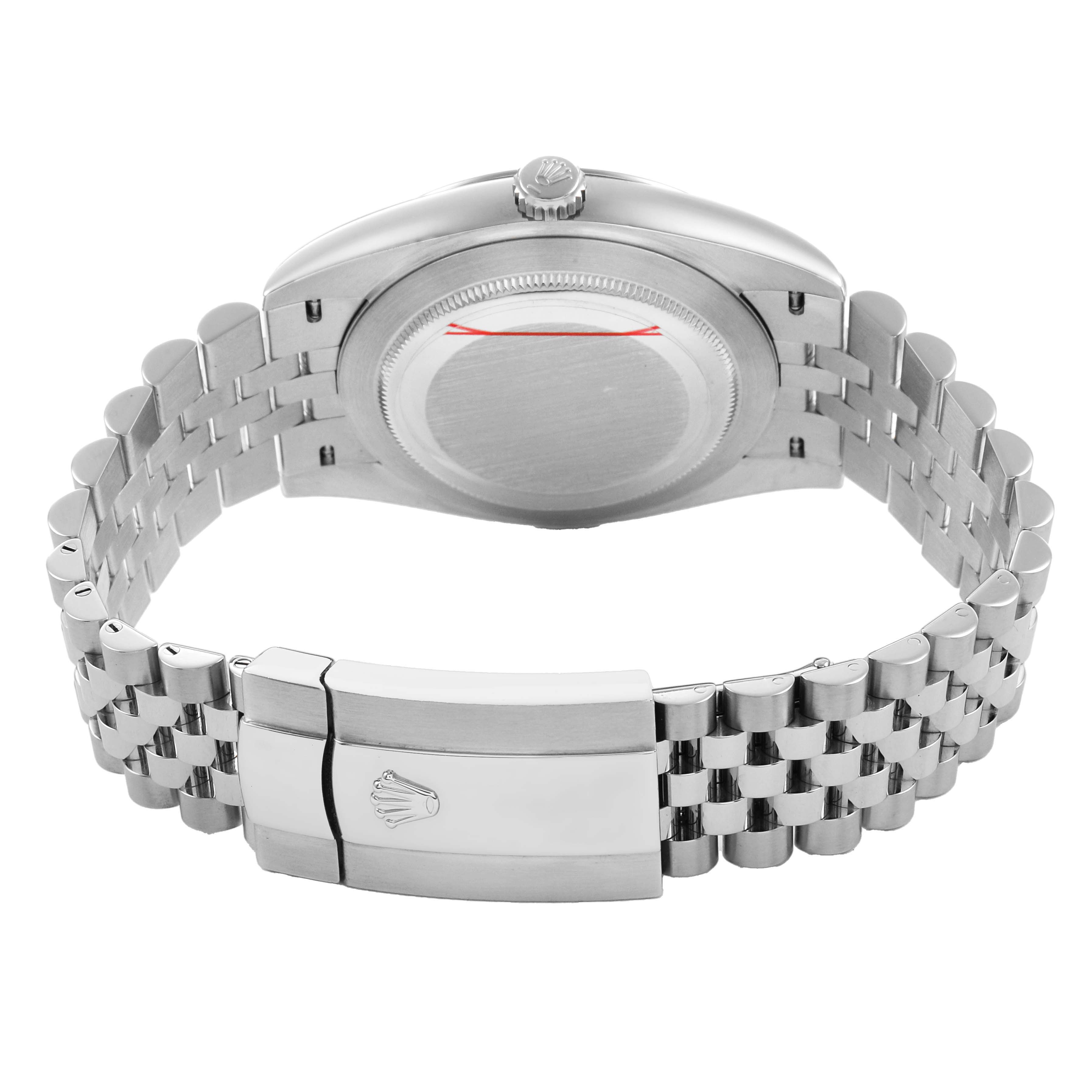 The Rolex Datejust 41 126300 Men's Stainless Steel Grey Dial watch is shown from the back, displaying the case back, crown, and Jubilee bracelet with clasp.