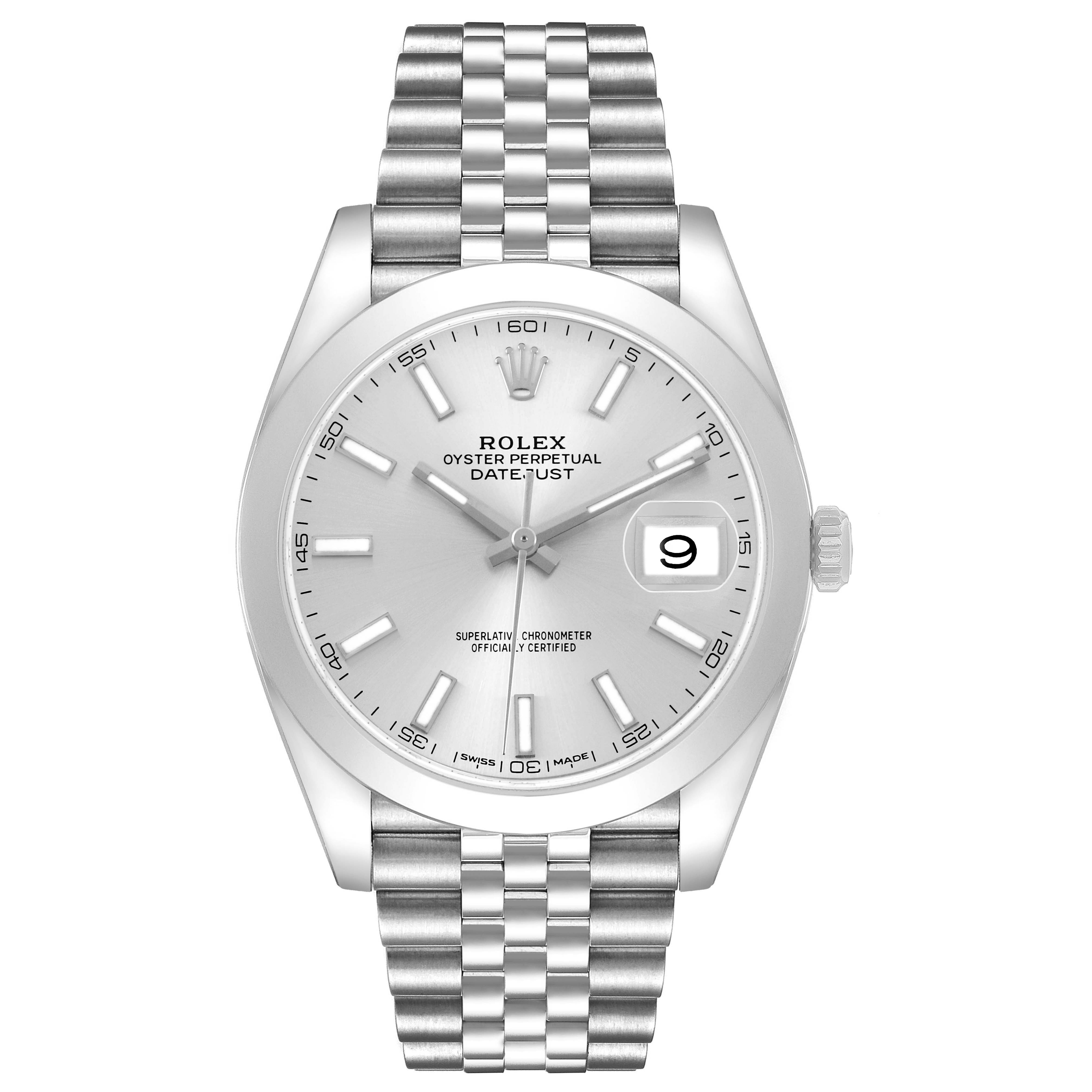 The Rolex Datejust 41 126300 Men's Stainless Steel Grey Dial is shown from a top-down angle, highlighting the dial, bezel, case, bracelet, and date window.