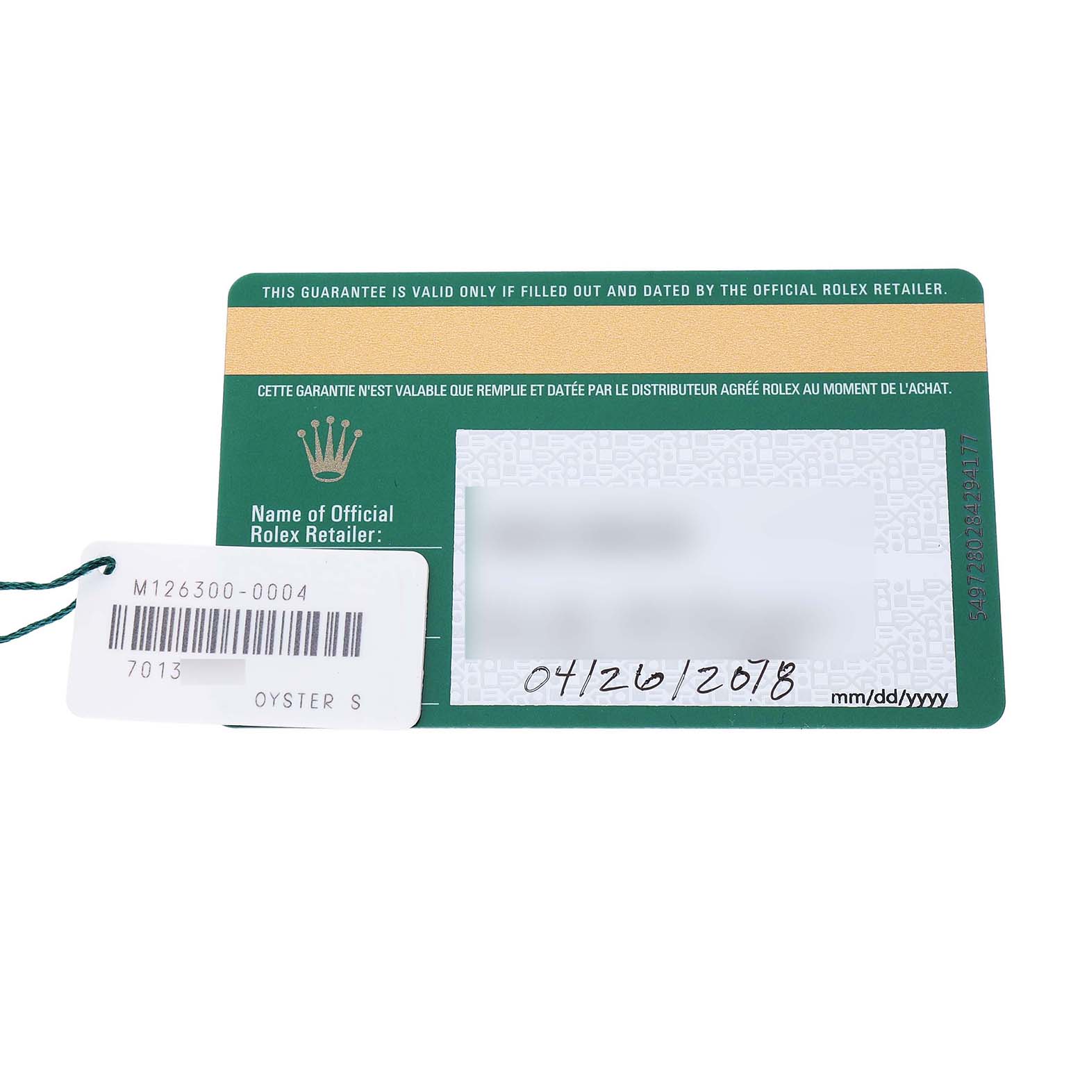 The image shows a Rolex Datejust 41 126300 Men's Stainless Steel Grey Dial guarantee card and tag, indicating the model and purchase date.