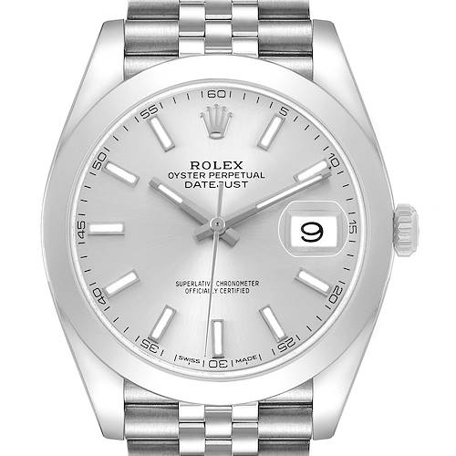 The image shows a front view of the Rolex Datejust 41 126300 Men's Stainless Steel Grey Dial, displaying its dial, bezel, and bracelet.