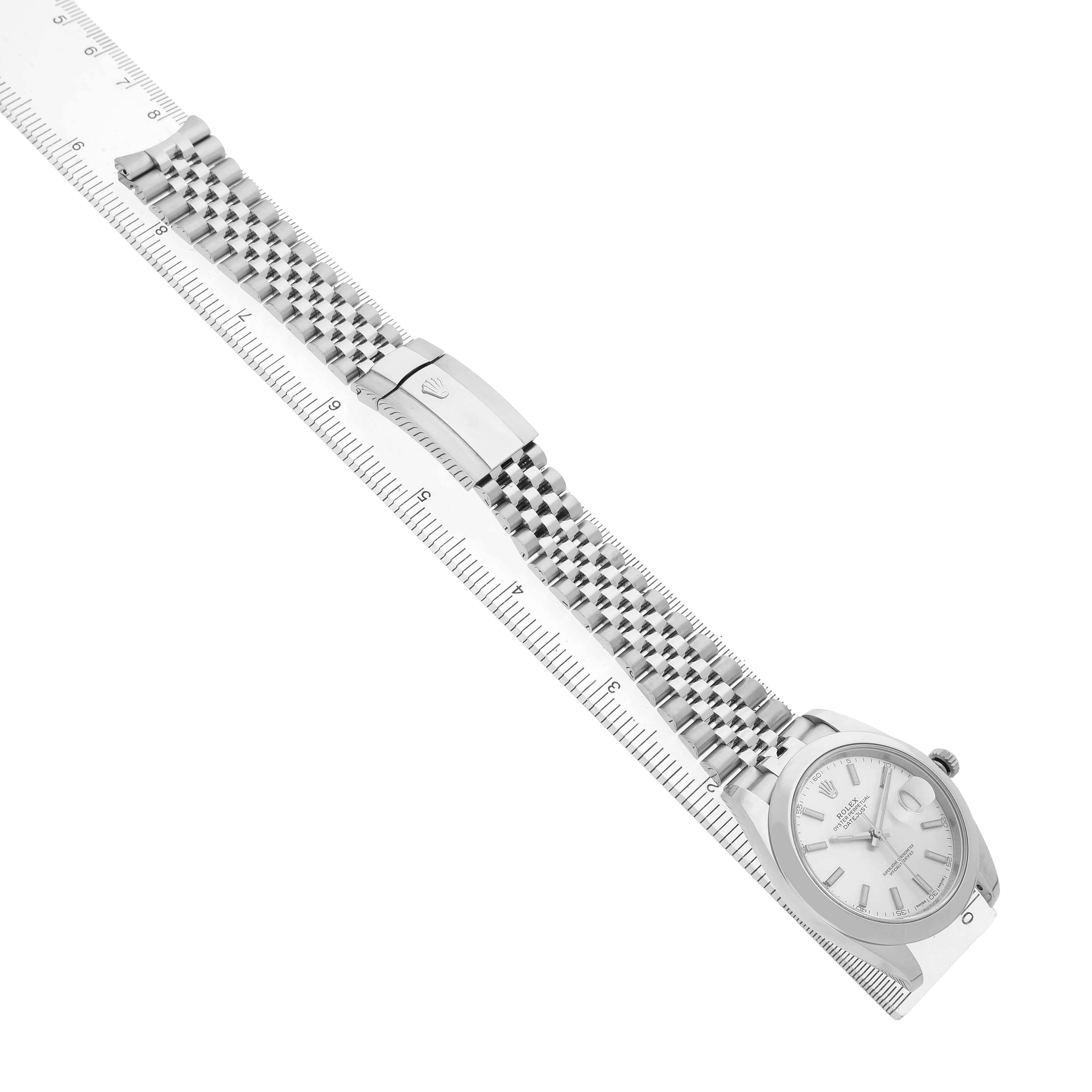 The Rolex Datejust 41 126300 Men's Stainless Steel Grey Dial is shown from an overhead angle, displaying the face, bracelet, and clasp.