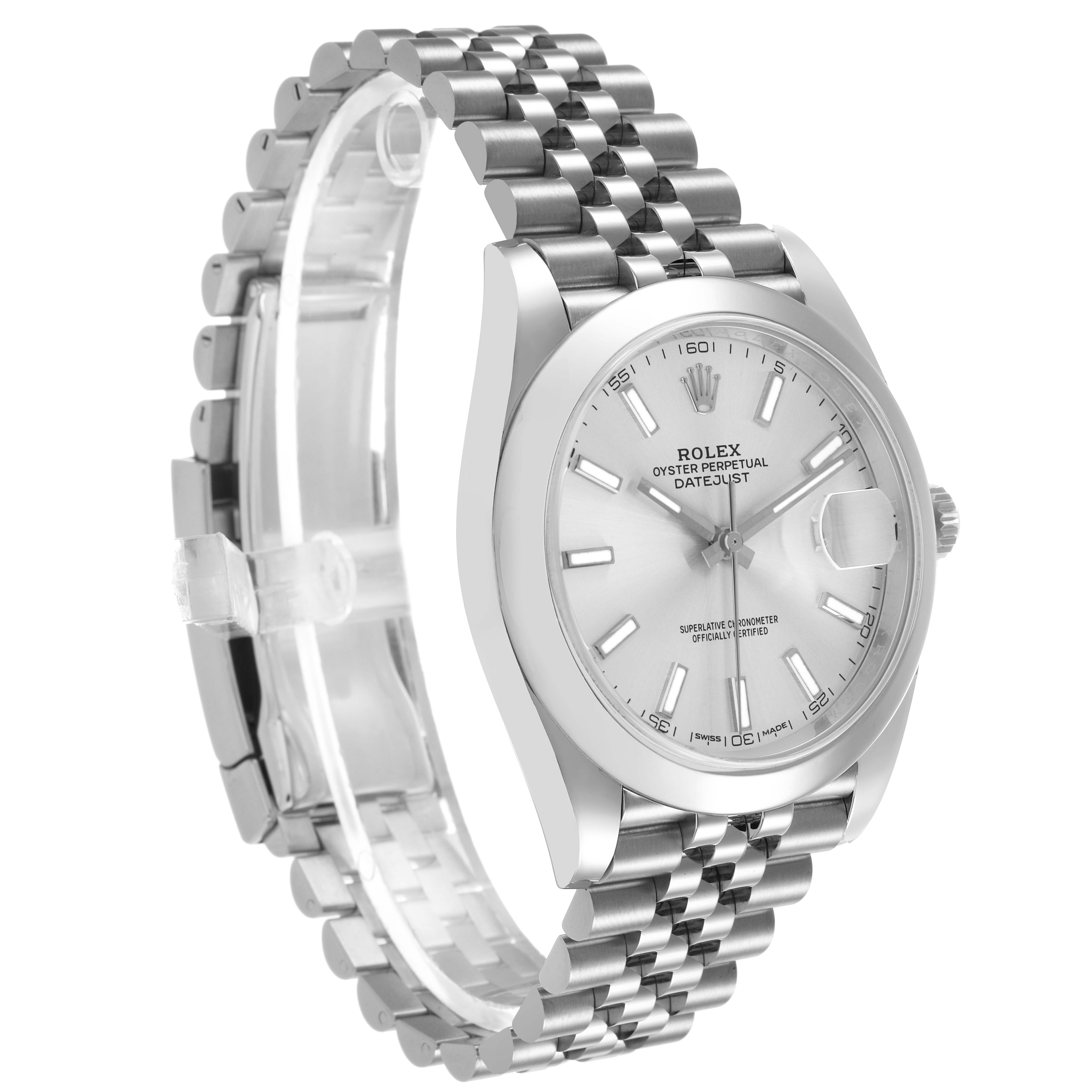 The image shows the Rolex Datejust 41 126300 Men's Stainless Steel Grey Dial from a front-angle, highlighting the dial, bezel, crown, and part of the bracelet.