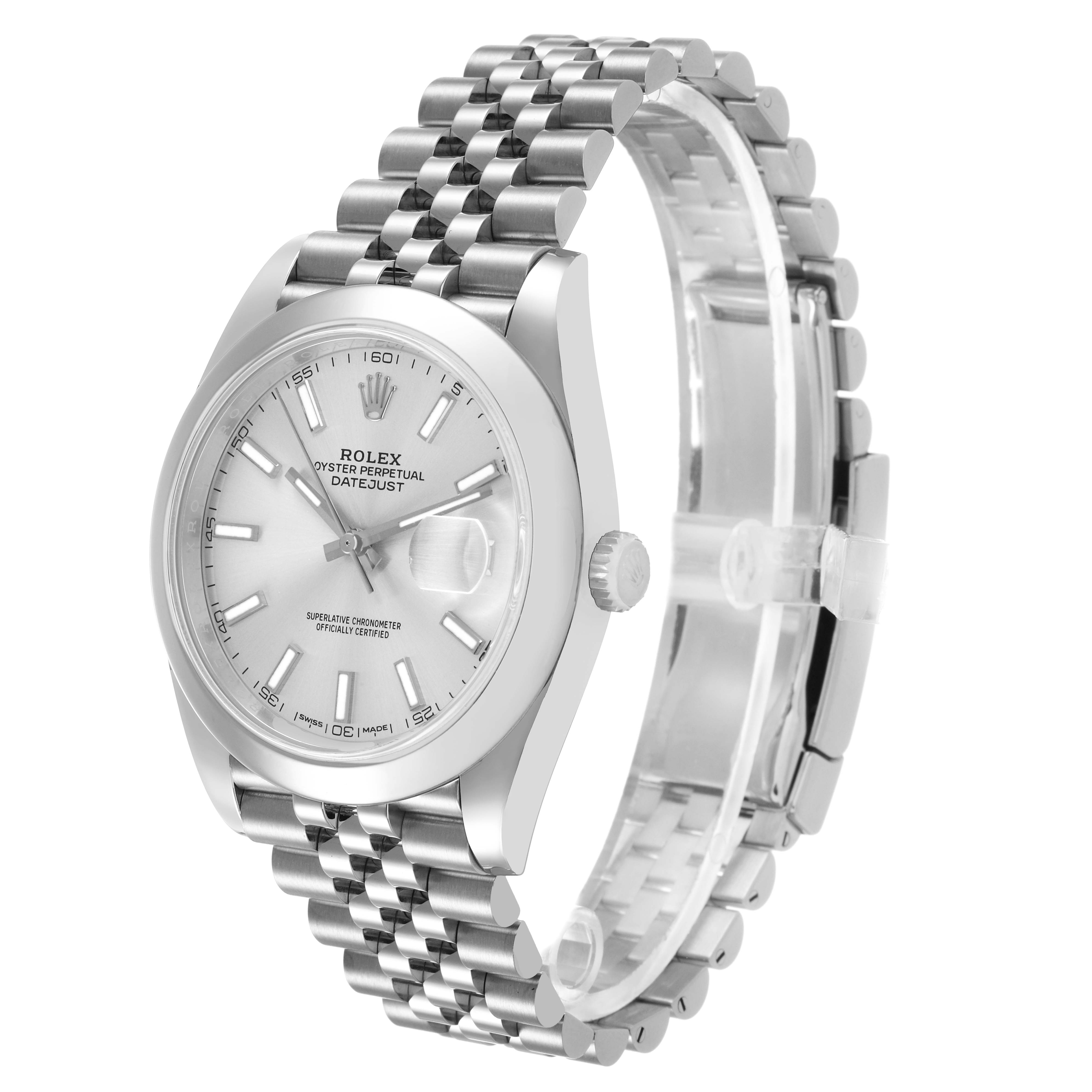 The Rolex Datejust 41 126300 Men's Stainless Steel Grey Dial is shown at a three-quarter angle, highlighting the face, bezel, crown, and Jubilee bracelet.