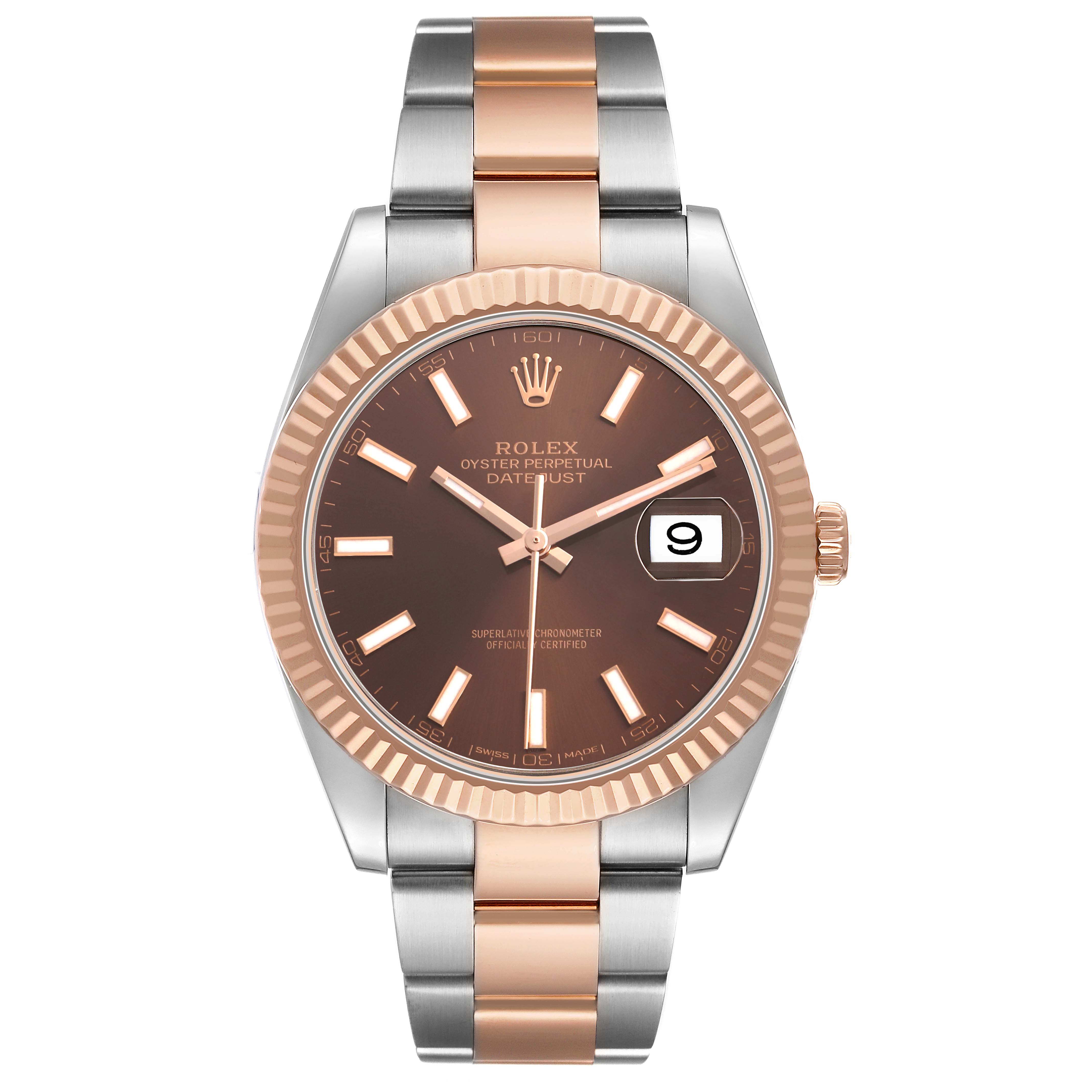 The Rolex Datejust 41 126331 Men's Steel and Gold (two tone) Brown Dial is shown from a front angle, highlighting its brown dial, fluted bezel, and two-tone bracelet.
