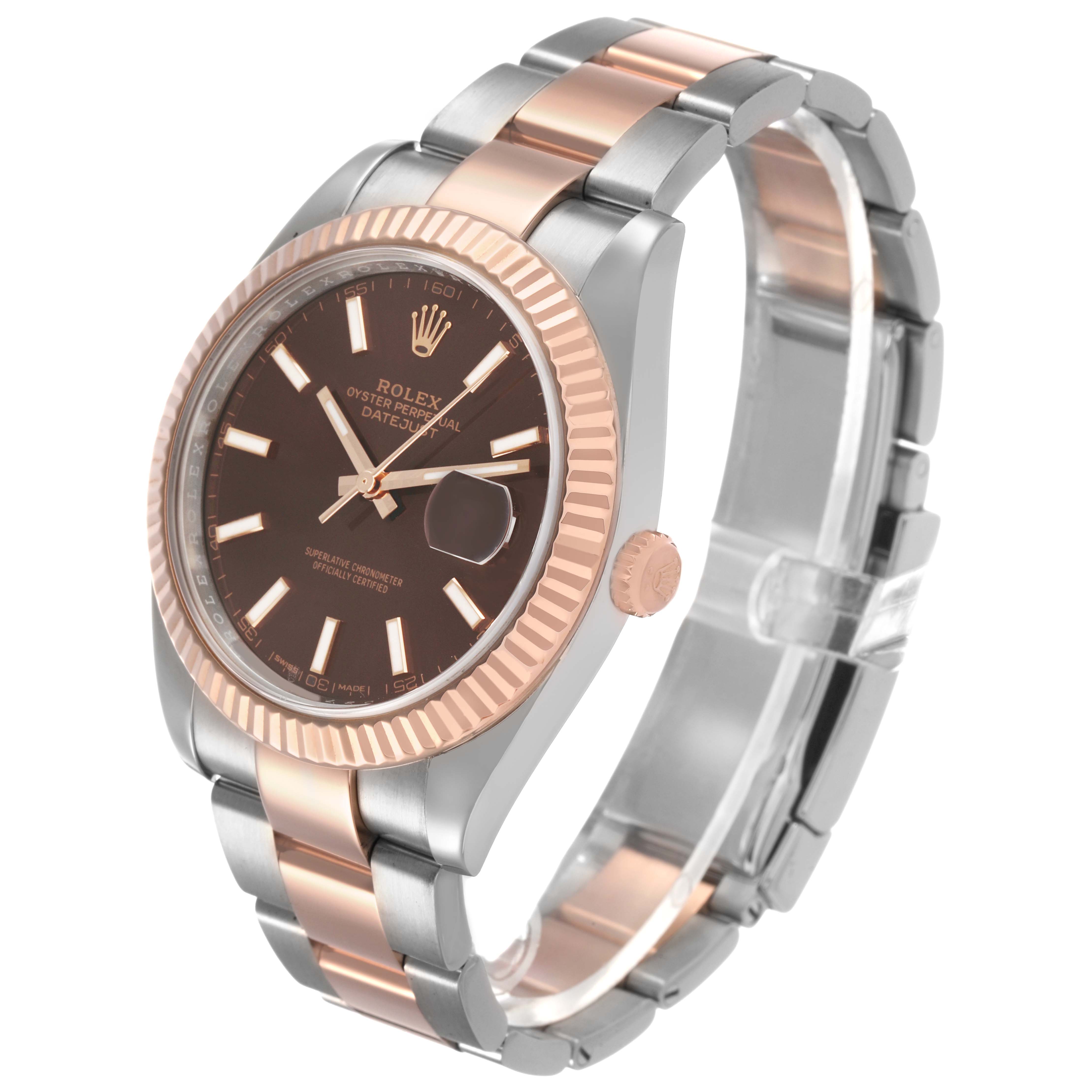 The Rolex Datejust 41 126331 Men's Steel and Gold (two tone) Brown Dial is shown at an angled side view, displaying its two-tone bracelet, fluted bezel, and face with a date function.