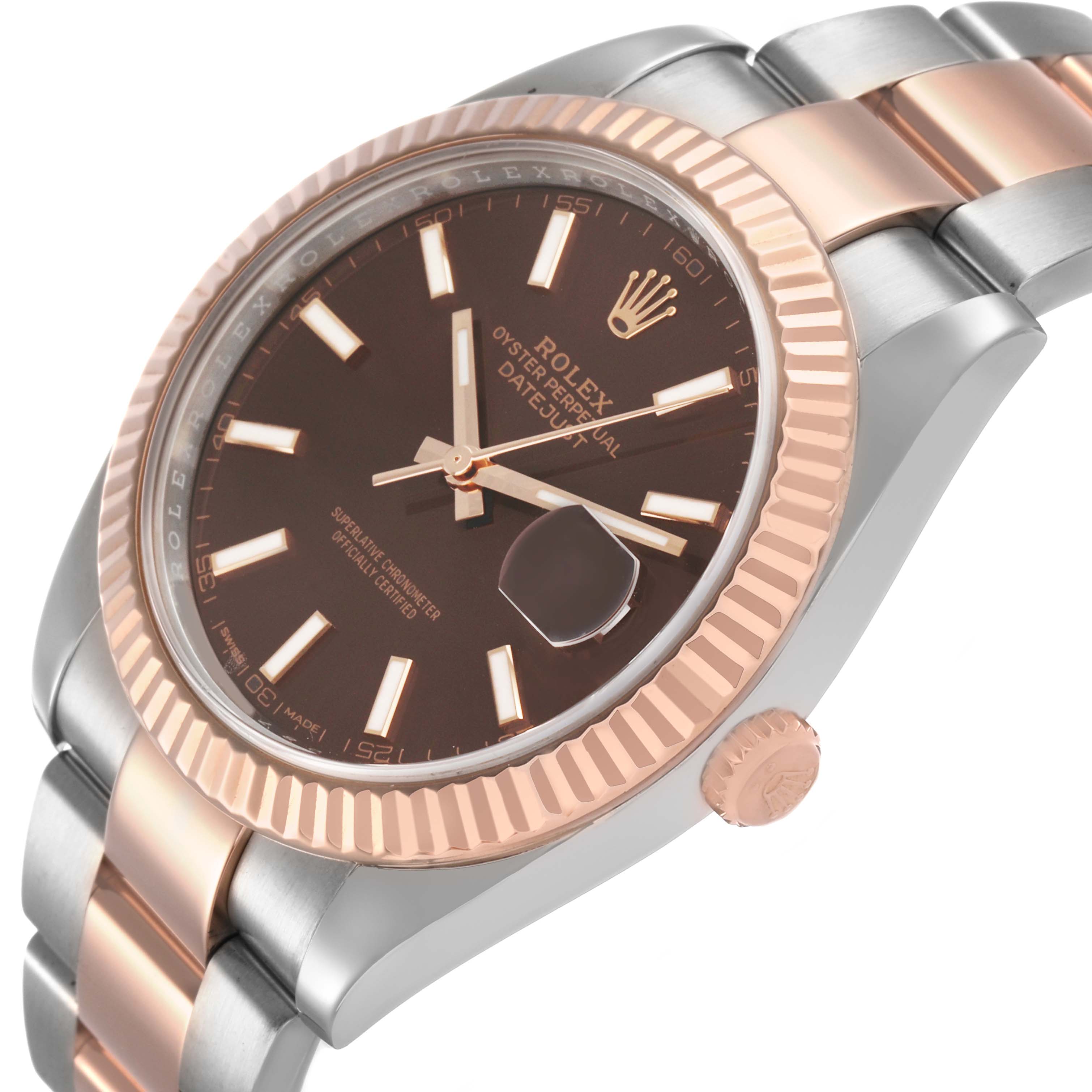 The Rolex Datejust 41 126331 Men's Steel and Gold (two tone) Brown Dial is shown at a slight angle, displaying the face, fluted bezel, crown, and part of the two-tone bracelet.