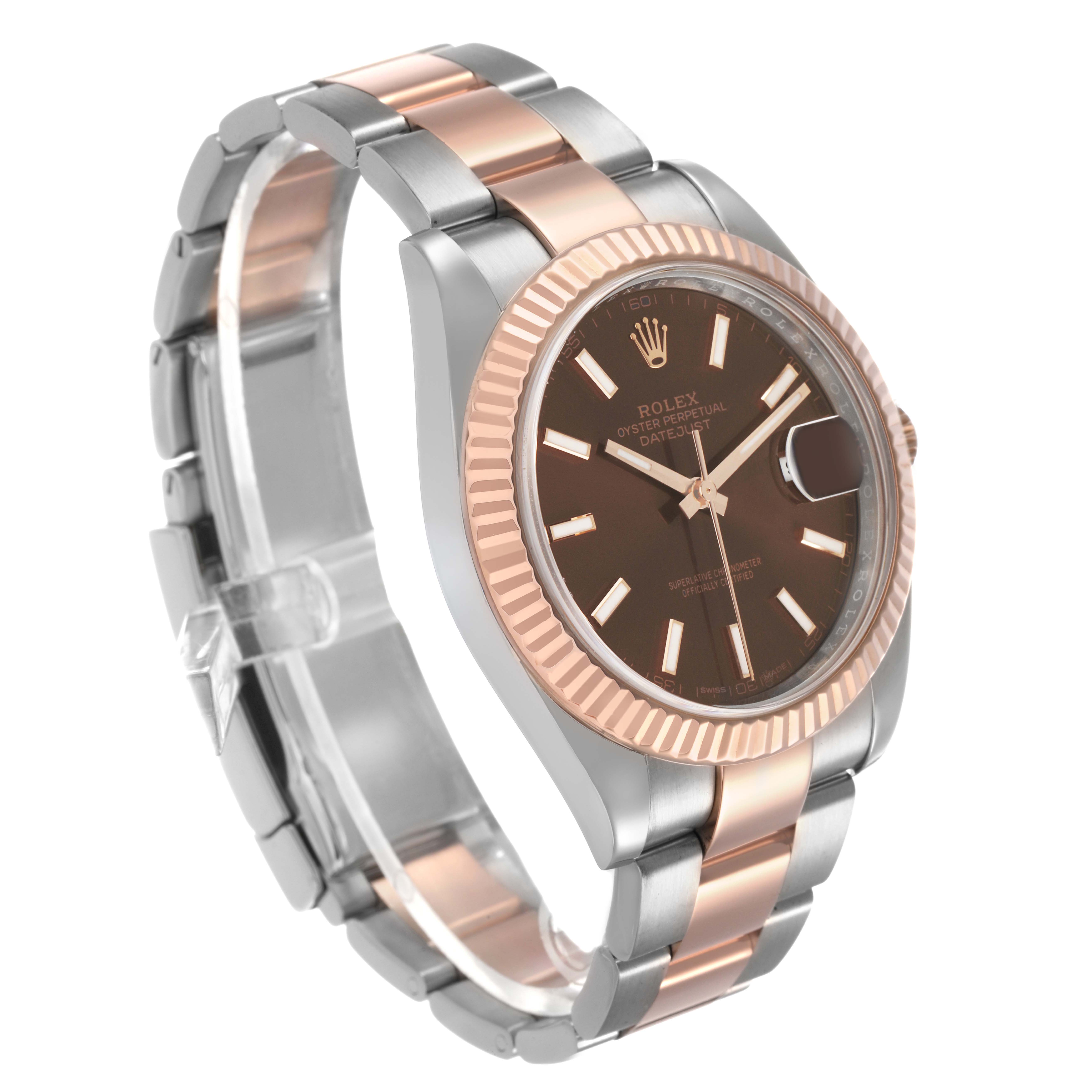 The Rolex Datejust 41 126331 Men's Steel and Gold (two tone) Brown Dial is shown at a three-quarter angle, highlighting the dial, case, and two-tone bracelet.