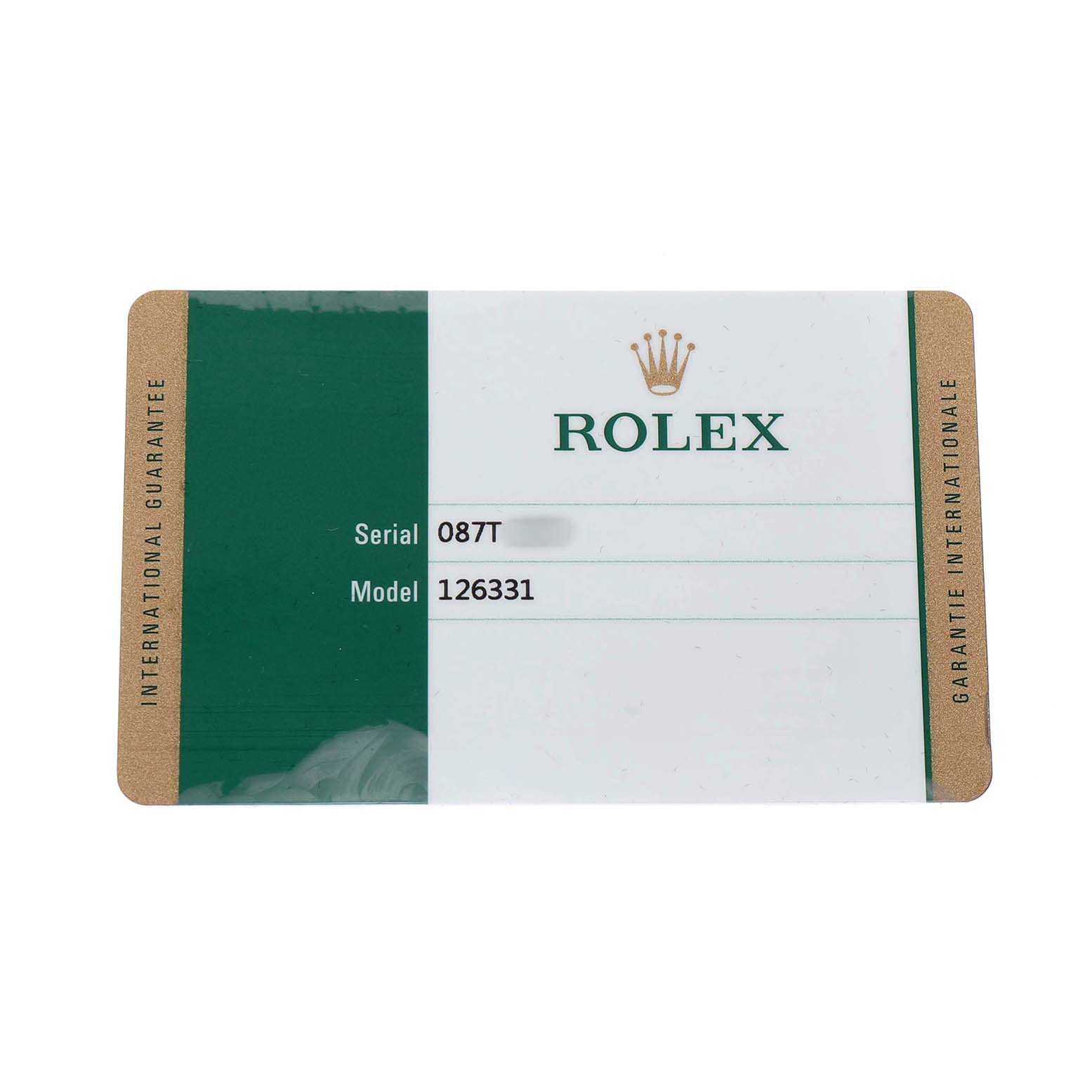 The image shows a flat, rectangular international guarantee card for the Rolex Datejust 41 126331 Men's Steel and Gold (two tone) Brown Dial, featuring model and serial numbers.