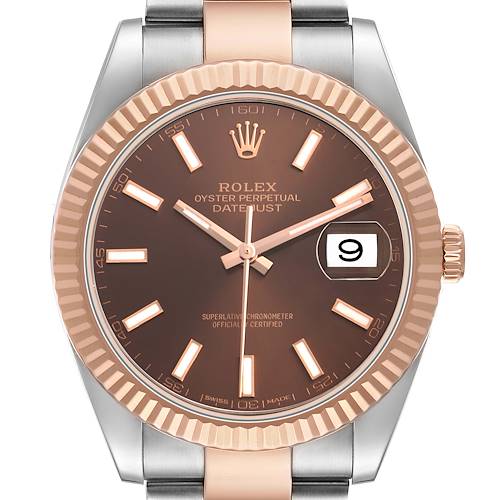 The Rolex Datejust 41 126331 Men's Steel and Gold (two tone) Brown Dial is shown from a front-facing angle, highlighting the dial, bezel, crown, and part of the bracelet.