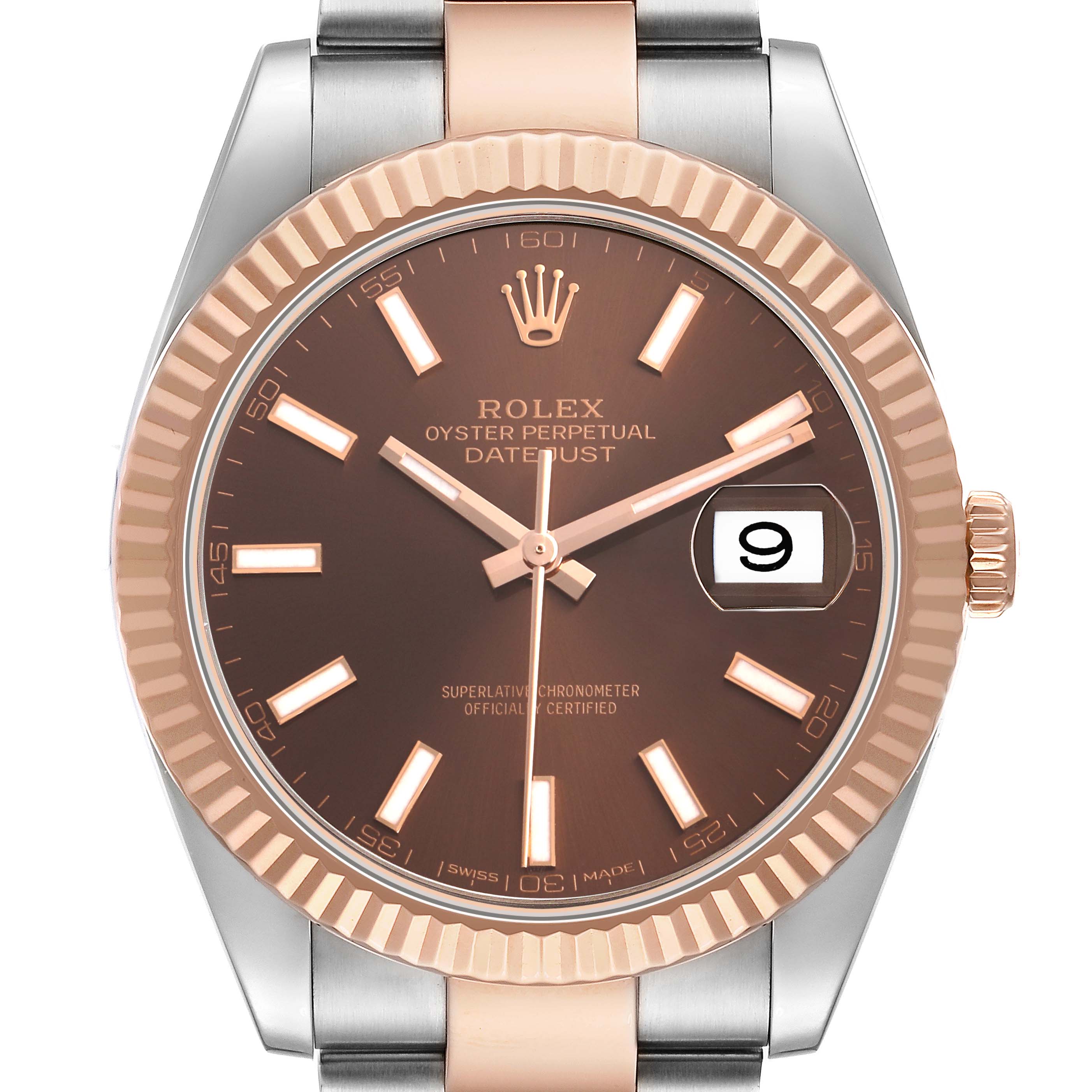 The Rolex Datejust 41 126331 Men's Steel and Gold (two tone) Brown Dial is shown from the front, highlighting the dial, bezel, and date display.