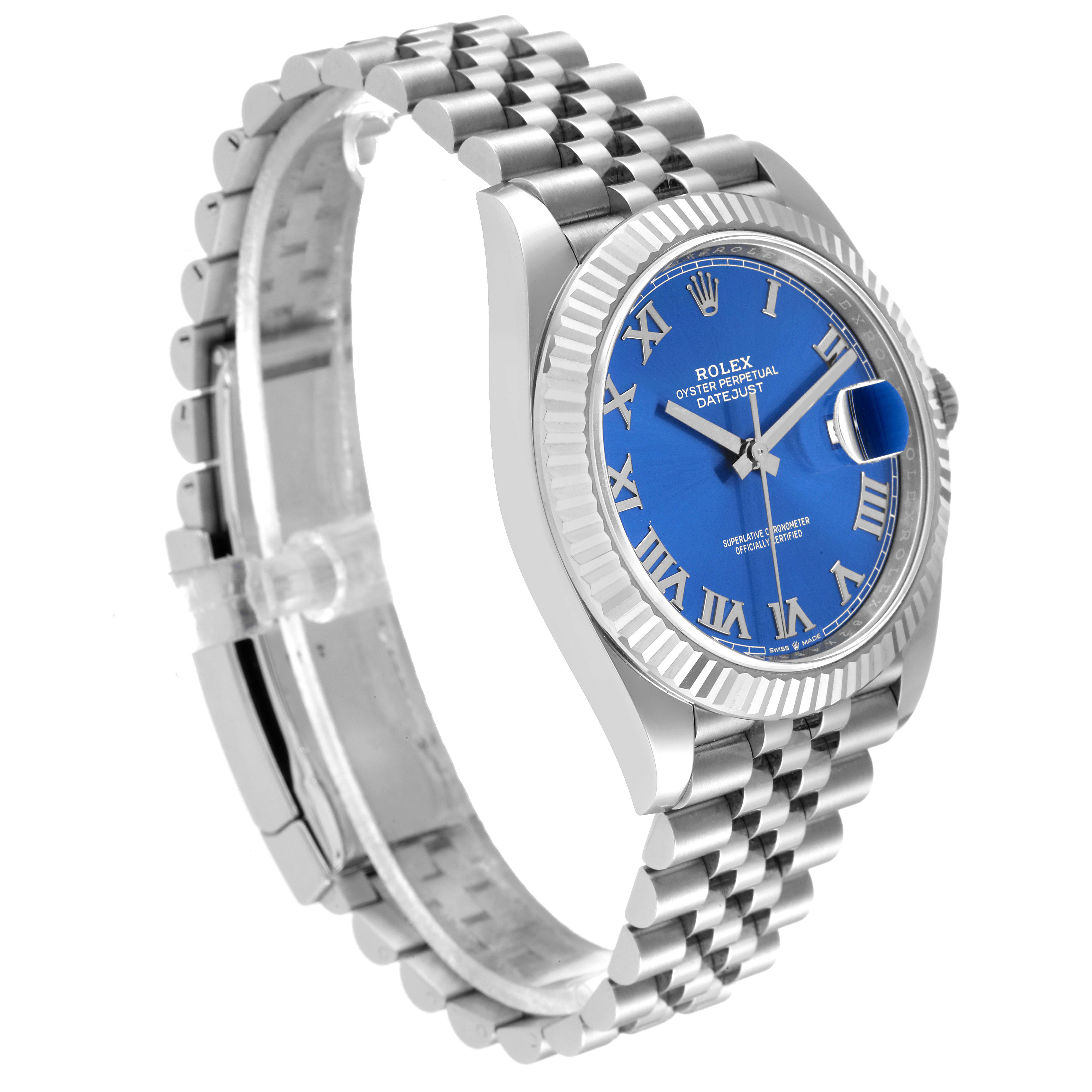 The Rolex Datejust 41 126334 Men's Stainless Steel Blue Dial 126334 Men's Stainless Steel Blue Dial is shown at a slight angle, highlighting its blue dial, fluted bezel, and Jubilee bracelet.