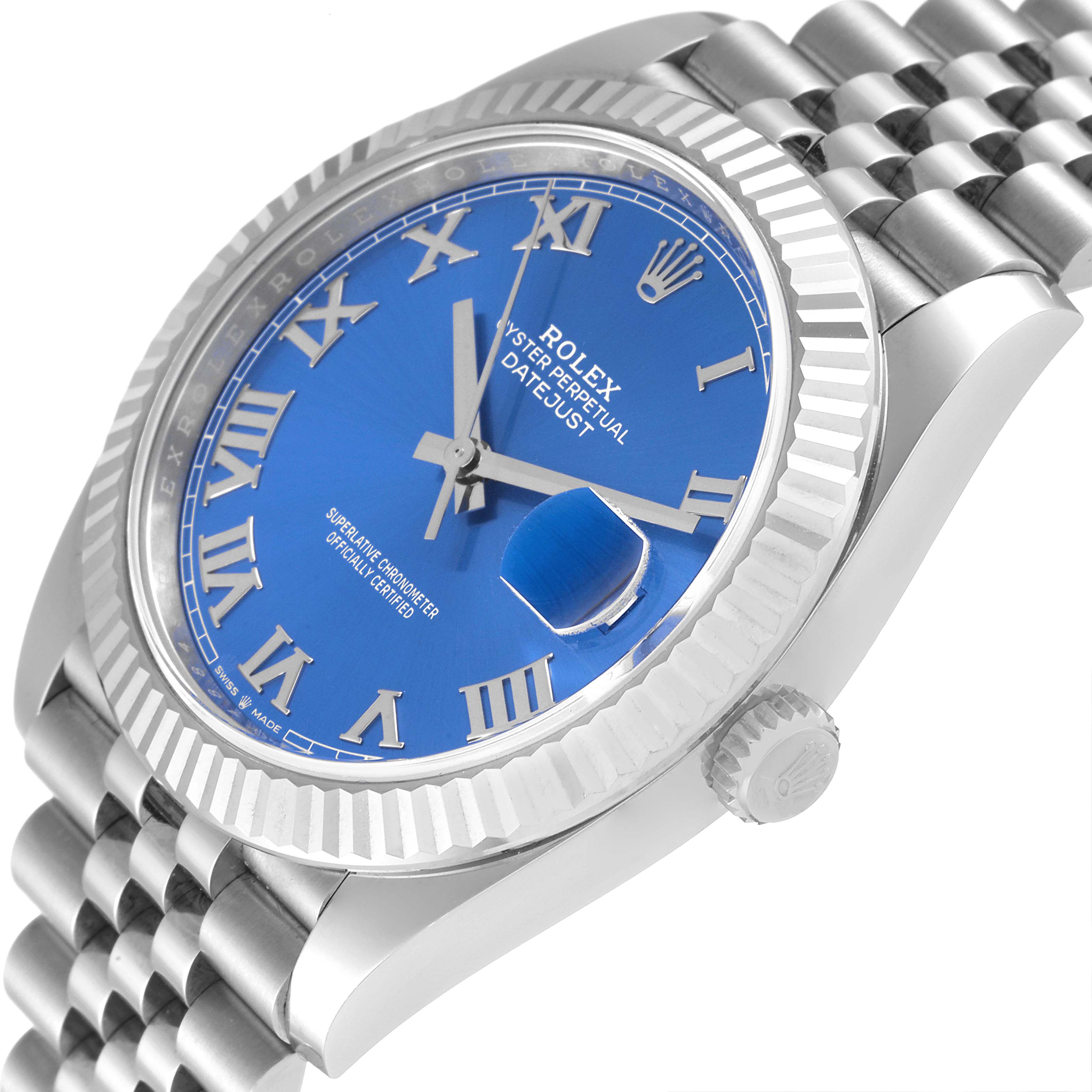 The image shows a Rolex Datejust 41 126334 Men's Stainless Steel Blue Dial 126334 Men's Stainless Steel Blue Dial watch at an angled close-up, highlighting its blue dial, fluted bezel, and Jubilee bracelet.