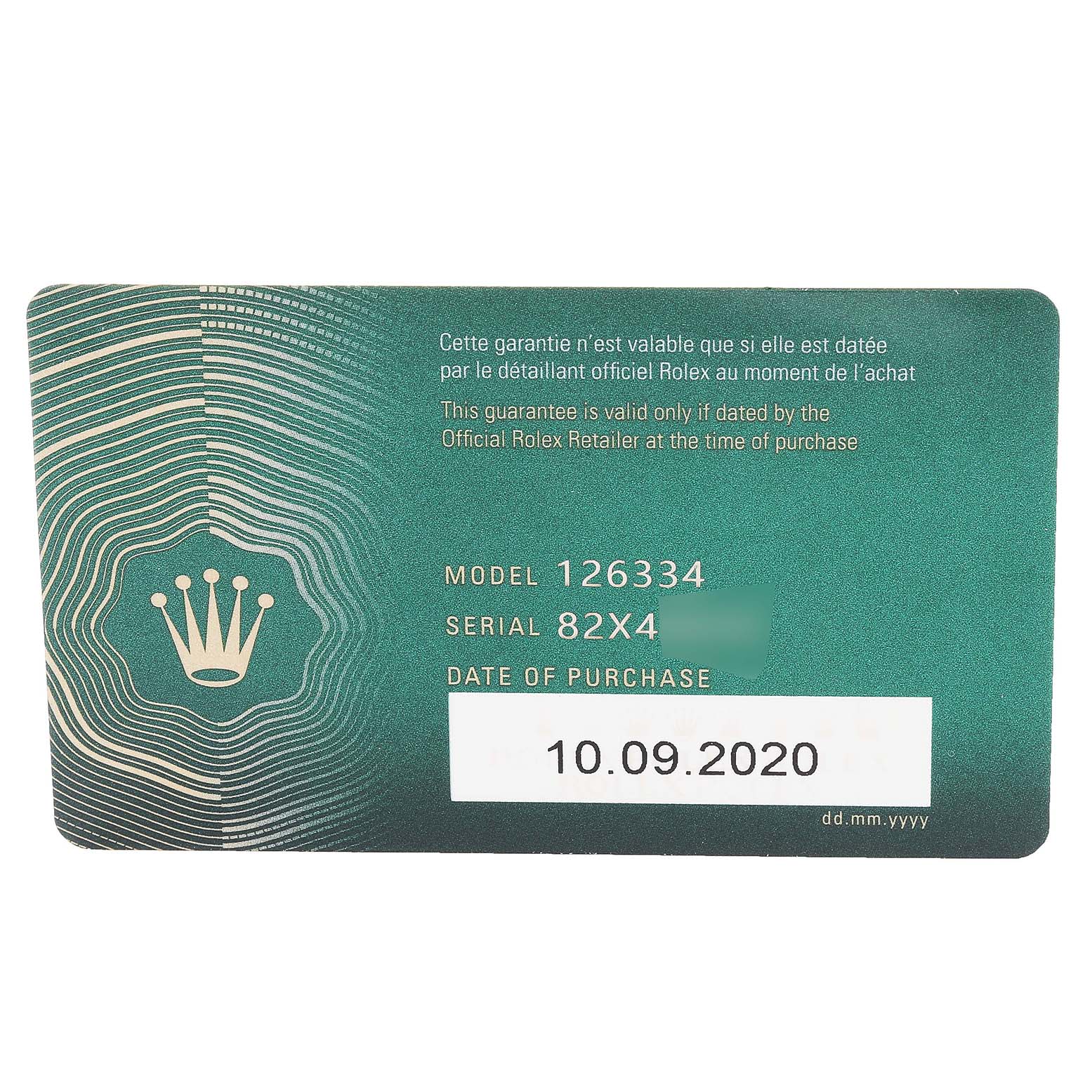 The image shows the guarantee card for a Rolex Datejust 41 126334 Men's Stainless Steel Blue Dial 126334 Men's Stainless Steel Blue Dial model 126334 with the purchase date of October 9, 2020.