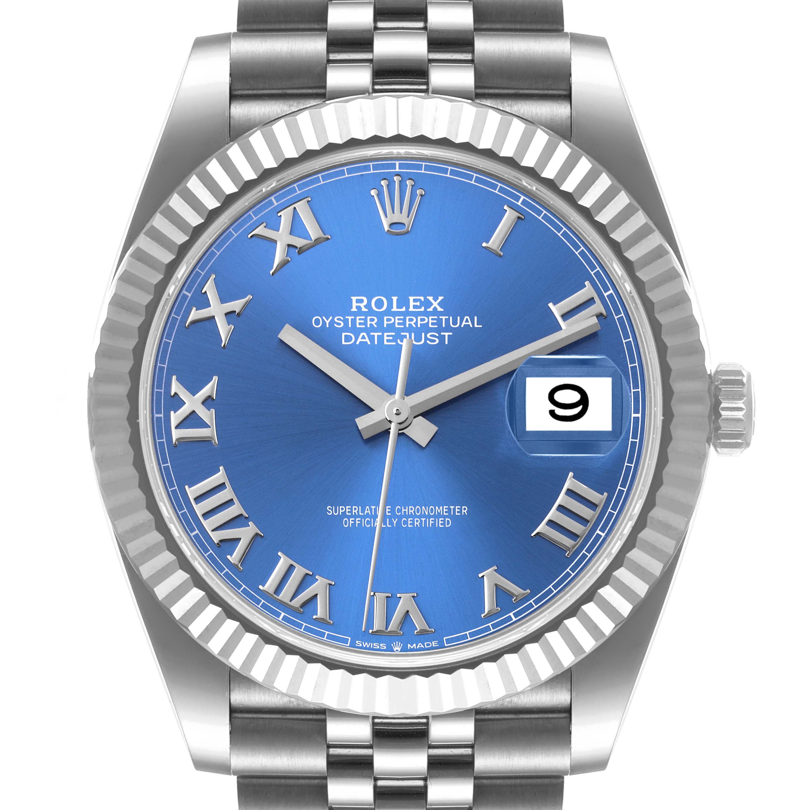 The image shows a front view of the Rolex Datejust 41 126334 Men's Stainless Steel Blue Dial 126334 Men's Stainless Steel Blue Dial watch, highlighting its blue dial, Roman numerals, and date display.