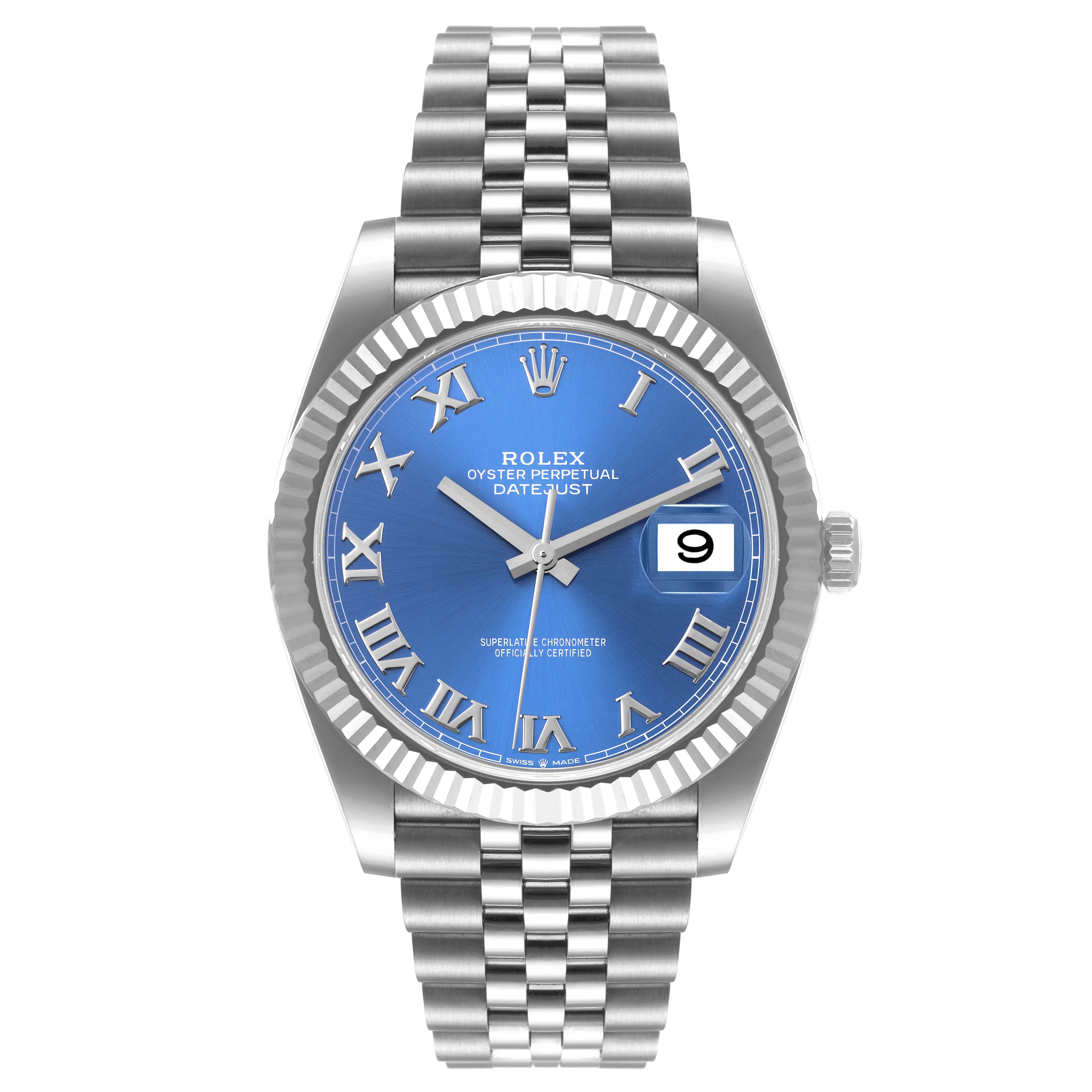 This image shows a frontal view of the Rolex Datejust 41 126334 Men's Stainless Steel Blue Dial 126334 Men's Stainless Steel Blue Dial watch with a blue dial, Roman numerals, and a Jubilee bracelet.