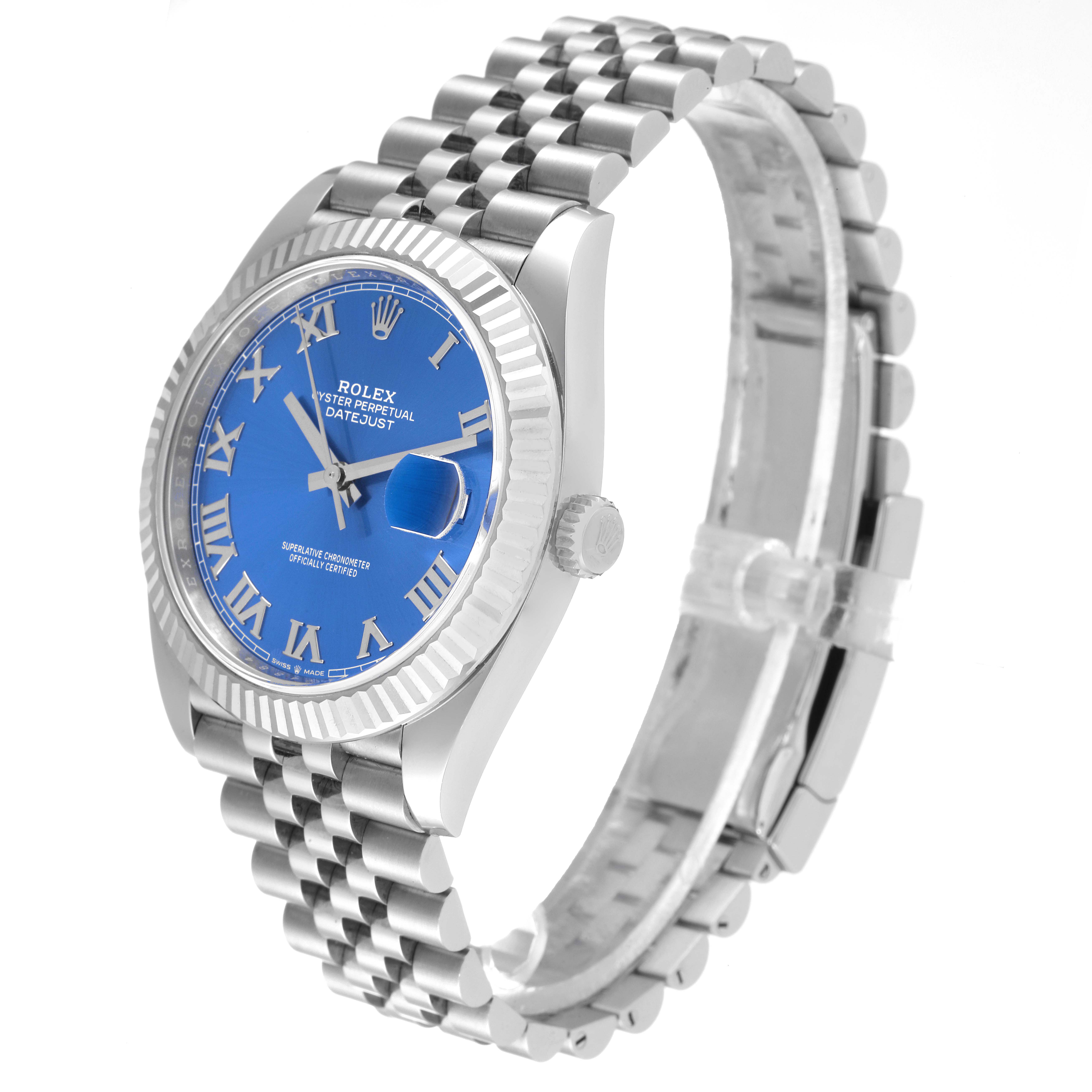 The image shows a Rolex Datejust 41 126334 Men's Stainless Steel Blue Dial 126334 Men's Stainless Steel Blue Dial watch at a three-quarter angle, highlighting the blue dial, fluted bezel, and jubilee bracelet.