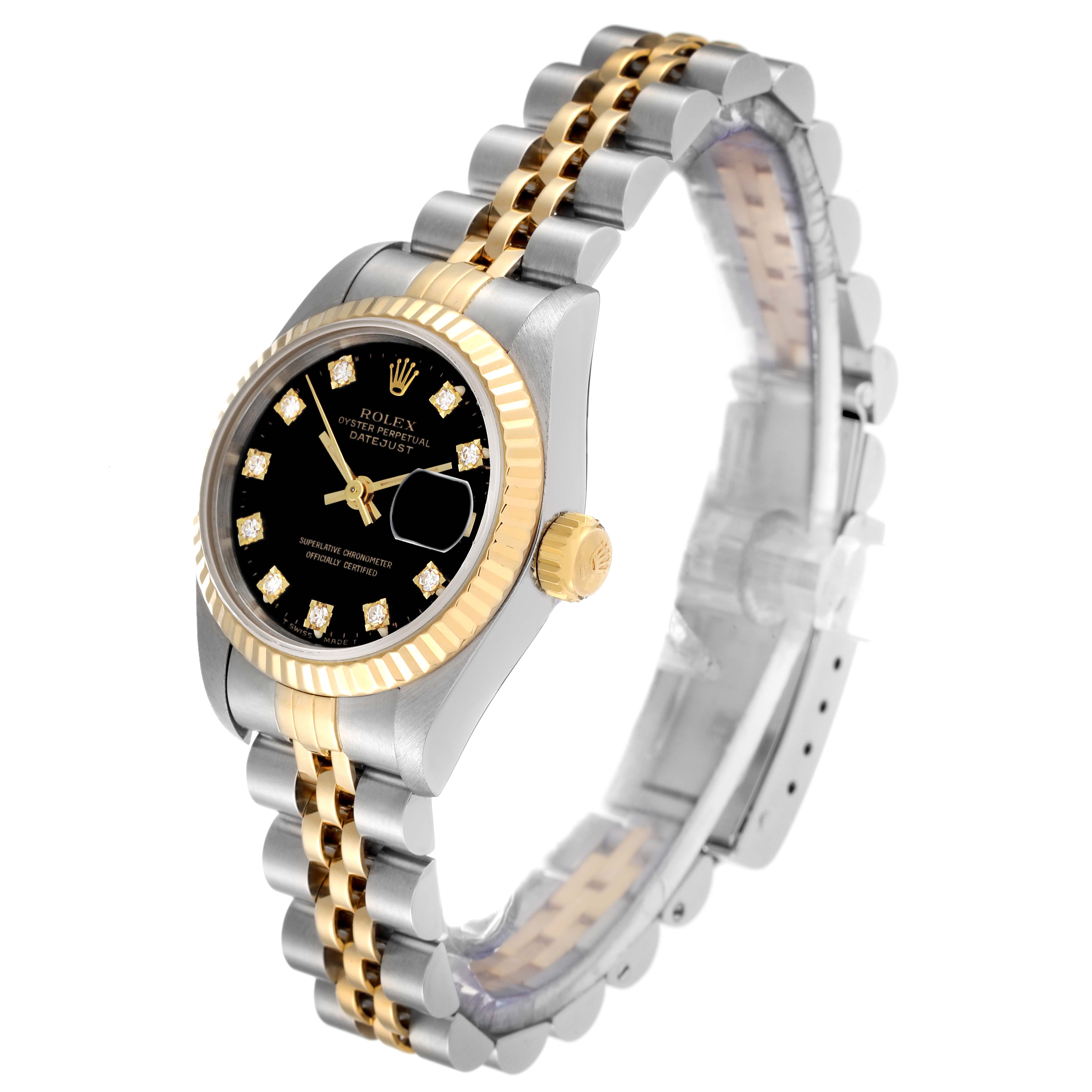 The Rolex Datejust 69173 Women's Steel and Gold (two tone) Black Dial 69173 Women's Steel and Gold (two tone) Black Dial model watch is shown at an angle, highlighting its two-tone strap, black dial with diamond markers, and fluted bezel.